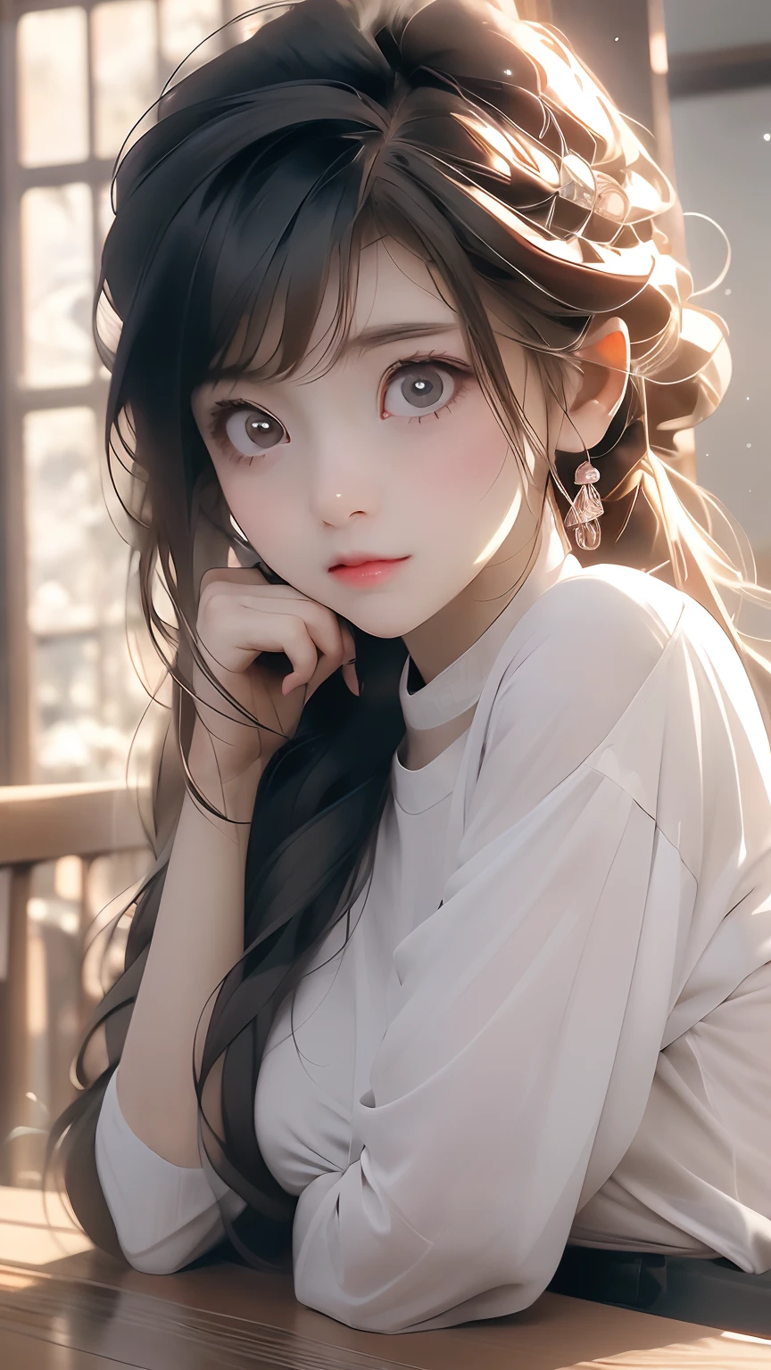 anime girl with big eyes and a white shirt sitting at a table, cute anime face, cute expression, extremely cute anime girl face, cute natural anime face, cute large eyes , Hands on the chin , big cute eyes, with cute doting eyes, cute detailed digital art, beautiful anime face
