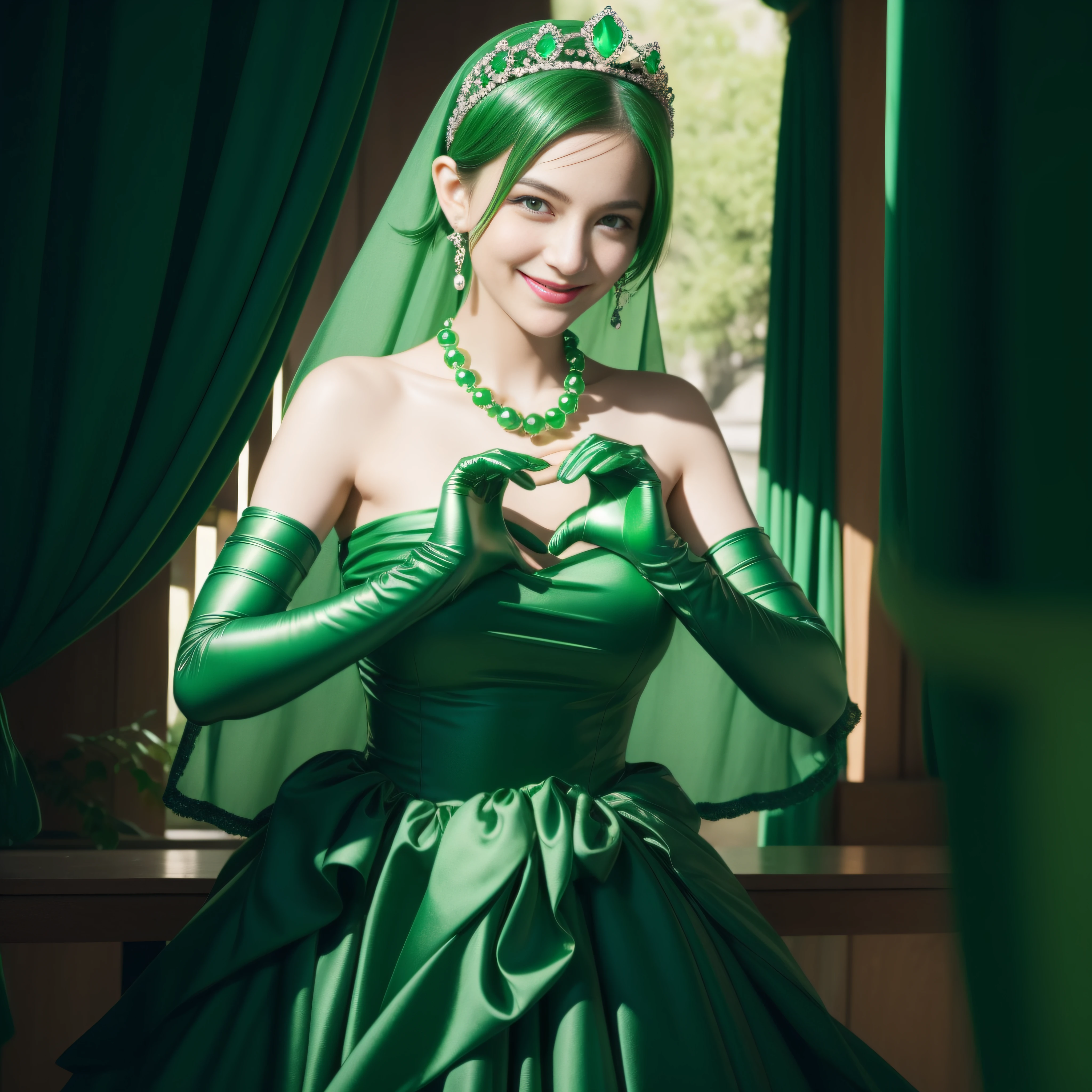 emerald tiara, Green Pearl Necklace, Boyish very short green hair, lipsticks, Japan woman smiling, very short short hair,  big breasts beautiful, Green eyes, Long green gloves made of satin material, Green eyes, Emerald Earrings, green vale, Heart with both hands