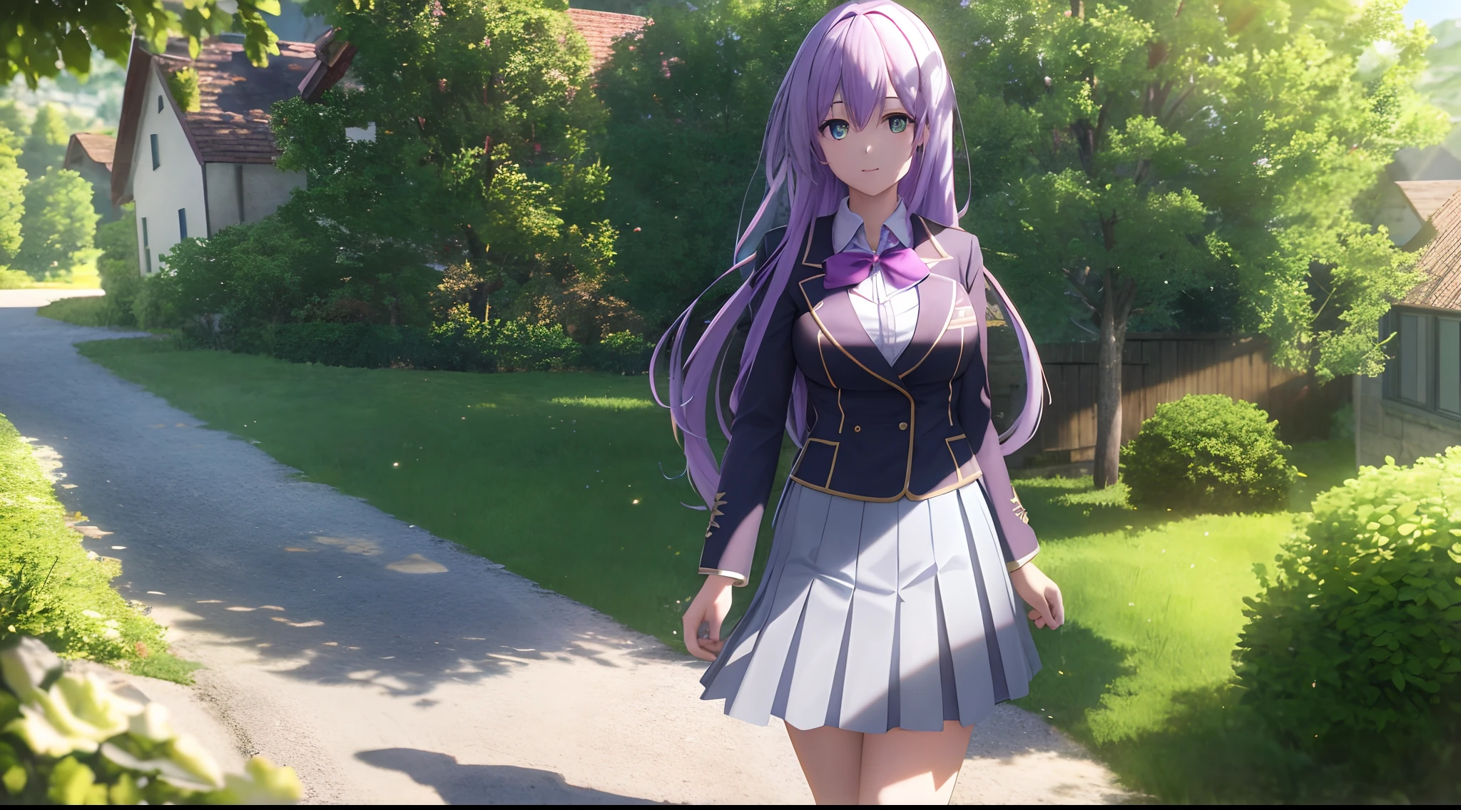 Athena with plain long light purple hair,hair between eyes,green eyes,rosy cheeks,full lips,thin eyebrows,slender body,wearing school coat and full long skirt,cute anime girl,full body,cottage cobblestones street in background,anime style,Lumen Reflections,Screen Space Reflections,Diffraction Grading,Chromatic Aberration,GB Displacement,Scan Lines,Ray Traced,Anti-Aliasing,FXAA,TXAA,RTX,SSAO,Shaders,OpenGL-Shaders, GLSL-Shaders,Post Processing,Post-Production,cell Shading,Tone Mapping,CGI,VFX,SFX,insanely detailed and intricate, 4K,standing, solo, masterpiece, best quality, detailed face, detailed eyes, highres, standing, solo,masterpiece, best quality