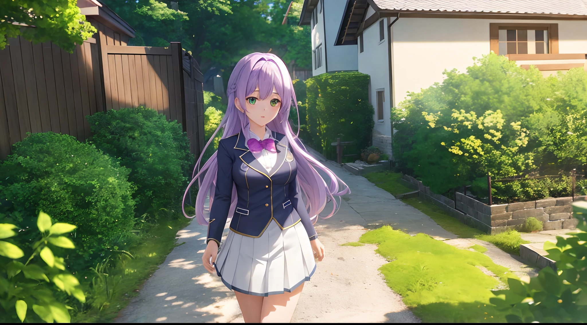Athena with plain long light purple hair,hair between eyes,green eyes,rosy cheeks,full lips,thin eyebrows,slender body,wearing school coat and full long skirt,cute anime girl,full body,cottage cobblestones street in background,anime style,Lumen Reflections,Screen Space Reflections,Diffraction Grading,Chromatic Aberration,GB Displacement,Scan Lines,Ray Traced,Anti-Aliasing,FXAA,TXAA,RTX,SSAO,Shaders,OpenGL-Shaders, GLSL-Shaders,Post Processing,Post-Production,cell Shading,Tone Mapping,CGI,VFX,SFX,insanely detailed and intricate, 4K,standing, solo, masterpiece, best quality, detailed face, detailed eyes, highres, standing, solo,masterpiece, best quality