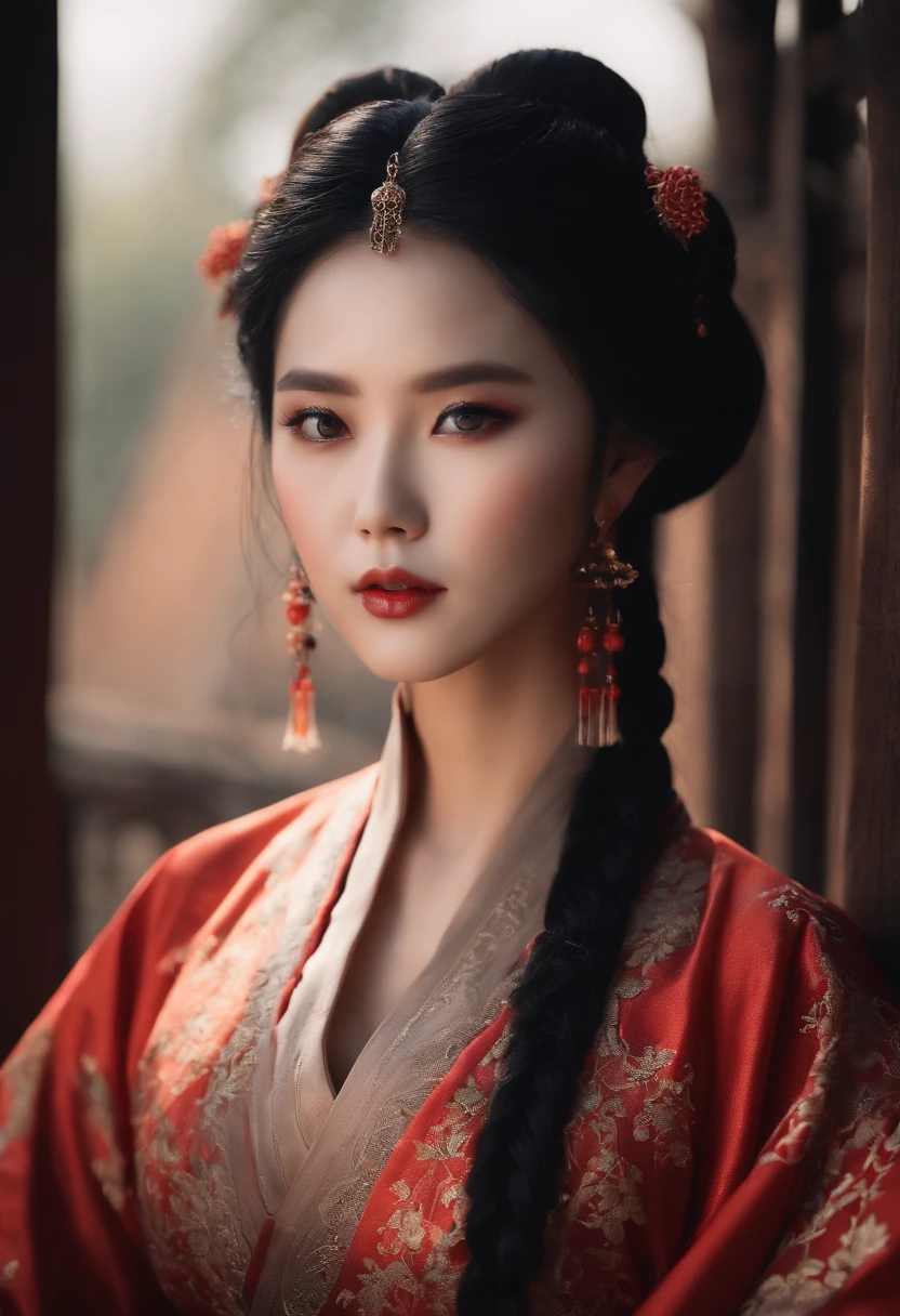 1girll,full bodyesbian,extremely detail face, Beautiful detailed eyes,light in face,Cinematic lighting,view the viewer,Outdoors,Black hair,(Balk Chinese architecture:0.05),Hanfu,