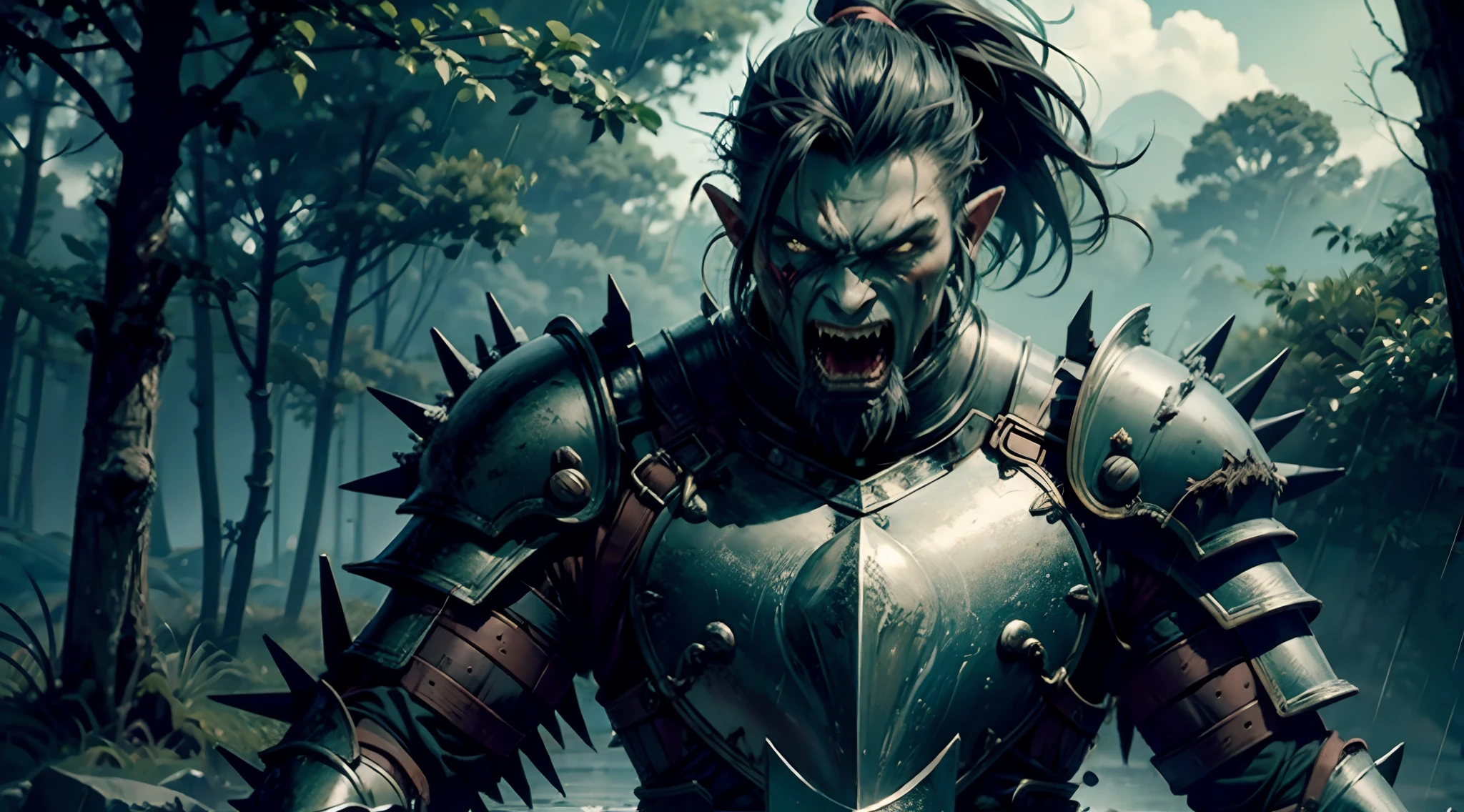 epic, detailed, 4k, intimidating, dark fantasy, cinematic, (male-orc, green skin, in battle pose, palm, long black high ponytail, hands open wide, mouth open, scars on face, (full metal plate heavy armour, spiky breasts plate)), forest, rain, ashes floating in the air