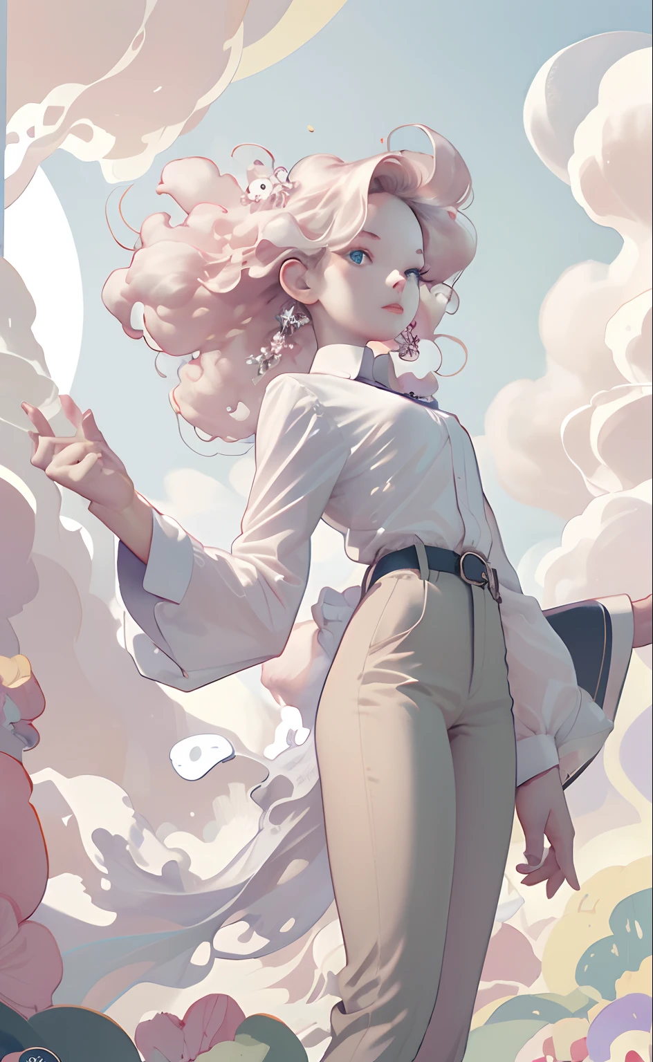 tmasterpiece, Best quality at best,Correct dissection, 1girll, short and wavy hair, platinum blond hair, The shirt, trouser,Fluffy clouds, brightly, with dynamism, cheerfulness