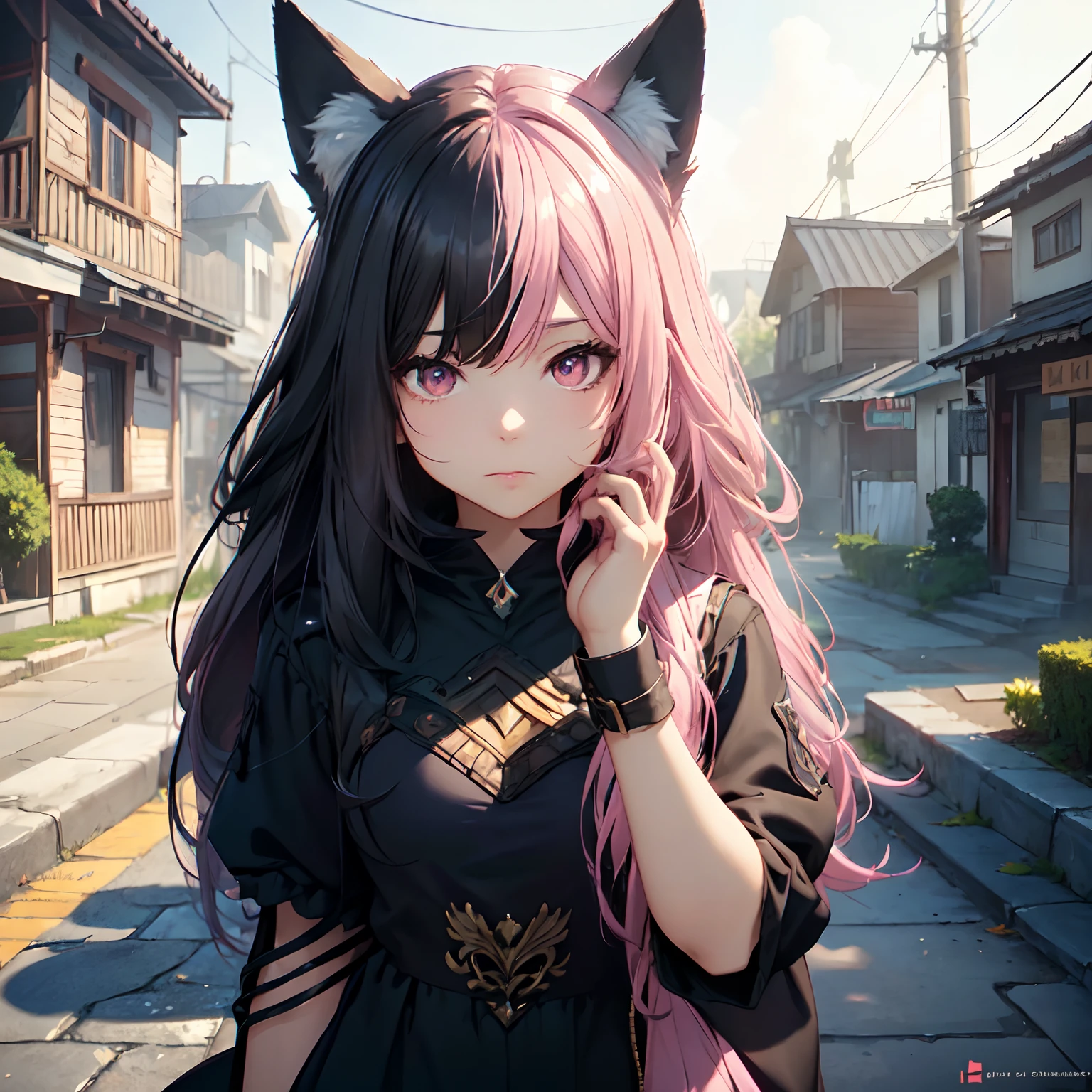 (best quality1.4)++, (masterpiece1.4)++, (detailed1.4)+, 1girl, fox girl, hlfcol haired girl with black and pink, punk style clothes, gold jewelry, elegant, royal, cute, barefoot, direct sunlight, natural lighting, soft lighting, dramatic lighting, highly detailed, unreal engine, bokeh, 8k uhd, raytracing, lumen reflections, volumetric fog, Digital art, character design, concept art, divine, celestial, featured on pixiv, epic composition