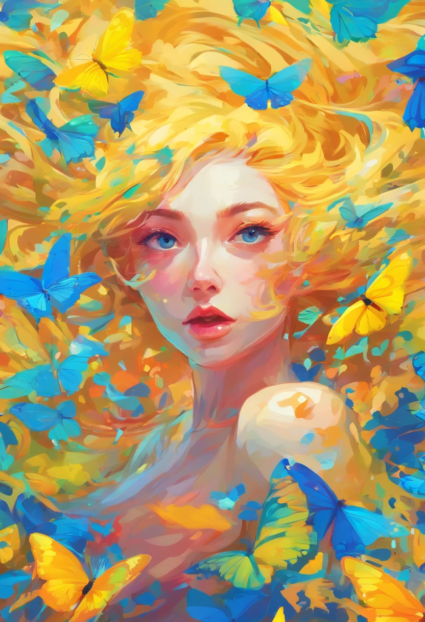 ((top-quality, 8K)), (Realistic), (Face Focus: 1.1), (blue and yellow: 1.3), Kawaii Girl underwater, short-hair, 
Hair fluttering in the water, Facing to the side, Eyes closed, (Sleeveless: 1.1)、Skirt, D Cup Breasts, Countless butterflies,