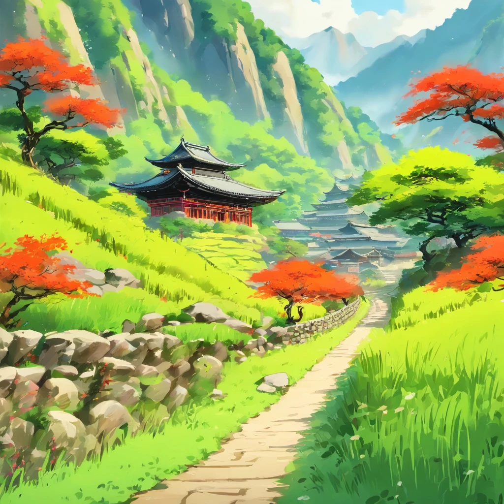 Nearby is a thatched hut, Bluestone path,Winding mountain road in the distance, Babbling water,wide wide shot, Qi Baishi,Xu Beihong,Mainly white and green