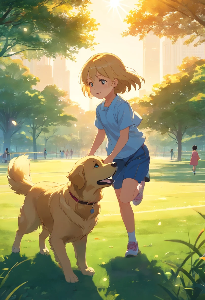 Child girl playing with a golden retriever, park setting, grass, bright lighting, best quality, 8k, 16k,