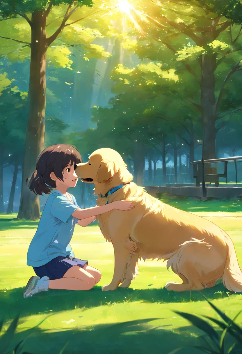 Child girl playing with a golden retriever, park setting, grass, bright lighting, best quality, 8k, 16k,