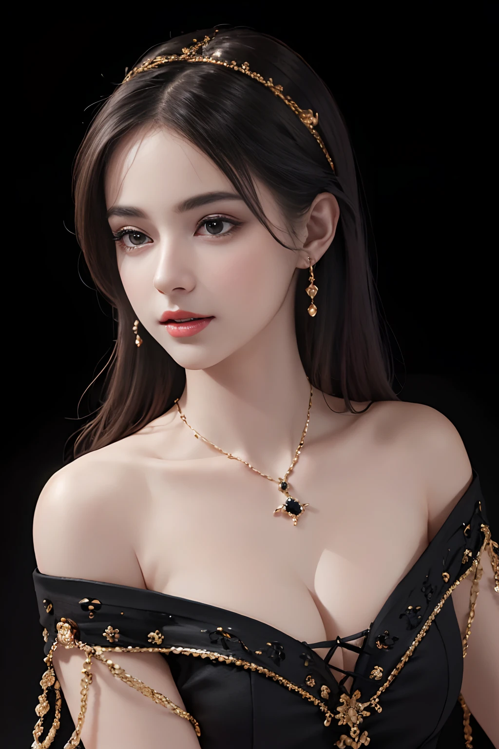 (masterpiece:1.2), (best quality), (ultra detailed), (8k,intricate), (lens 135mm,f1.8),(photorealistic)(black background:1.3),
portrait photography,(upper body:1.3),(off-shoulder),
side lighting,Rim lighting,best shadow,face light source,
perfect ???????,	perfect face,perfect female body,first-rate female bodies,
Detailed skin texture, detailed cloth texture, detailed beautiful face,exquisitely detailed skin,highly detailed skin,pale skin,detailed hair,glistening skin,