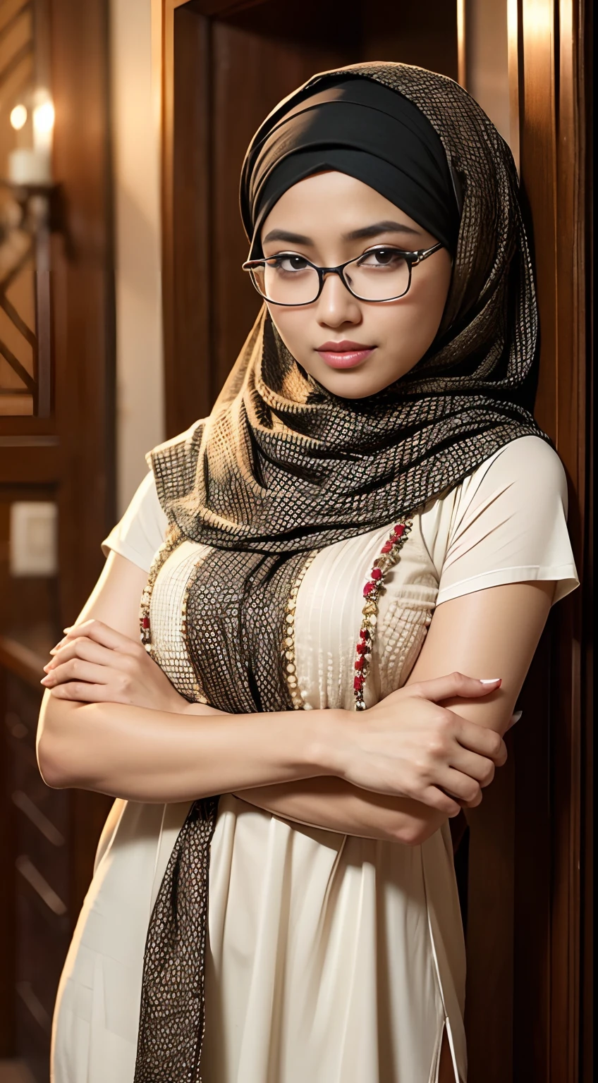 cowboy_shot,(iu:0.8),cleavage, RAW, Best quality, high resolution, Masterpiece: 1.3, Beautiful glasses pearl_skinned sexy hijabi javanese wearing tribal, Masterpiece, Soft smile