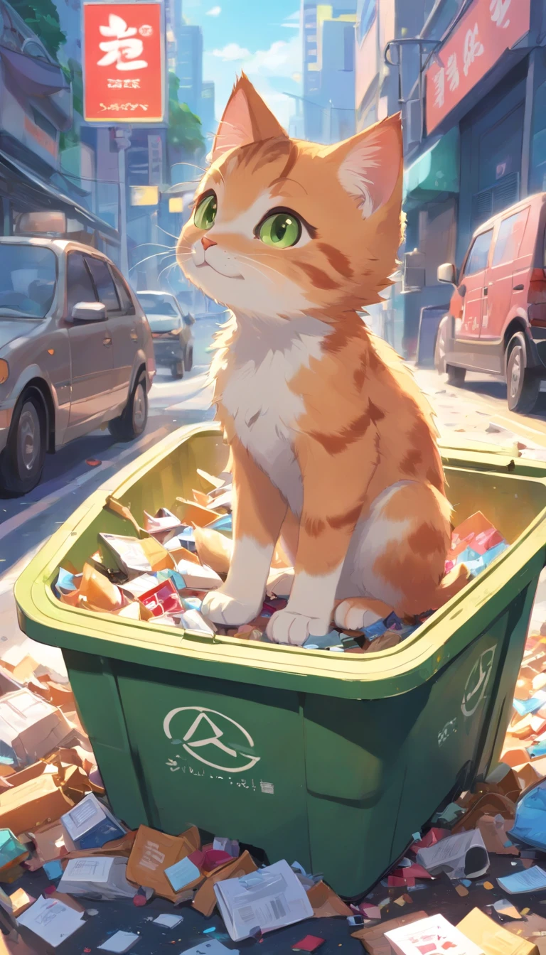 **[cutecore, Tiny magnetic cores, The heart of nature] A cute kitten rummages through the trash can, Looks fun, Pixar style eyes