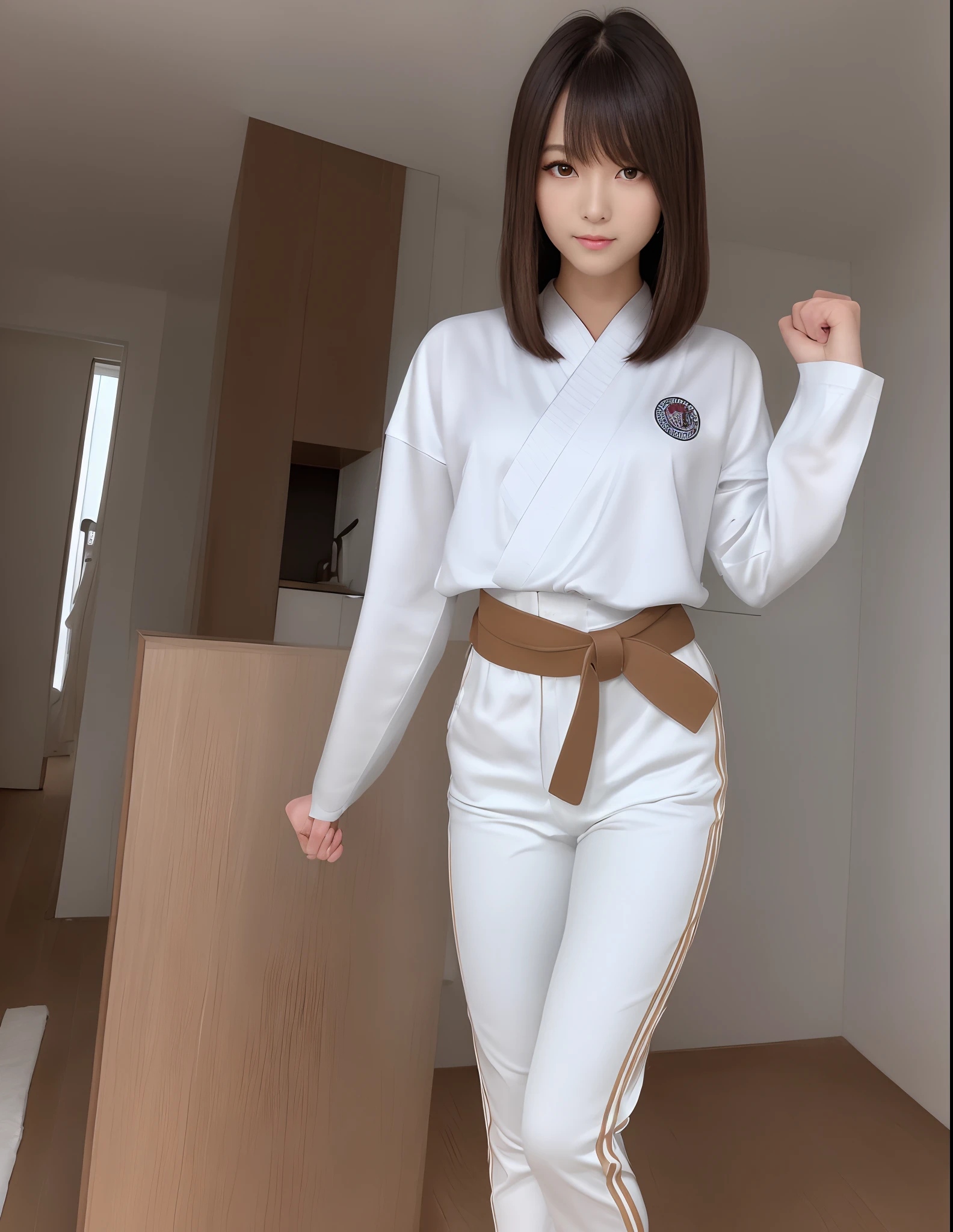 (Photorealsitic)(sixteen years old), Perfectly beautiful woman, (Full body 8K portrait), Stand alone, Stick out your fist, Large and dynamic hand and foot movements, Correct skeleton, White Karate Uniform, White karate pants, Large bust, Perfect facial detail, (Smile: 1.15), attractive beautiful face, gazing at viewer, a small face, 二重まぶた, Beautiful detailed eyes, long eyeslashes, ligh brown hair, Hairstyle is bob style, Toned waist, Beautiful thin legs, toned ankles, bare-legged ,TOKYOcty