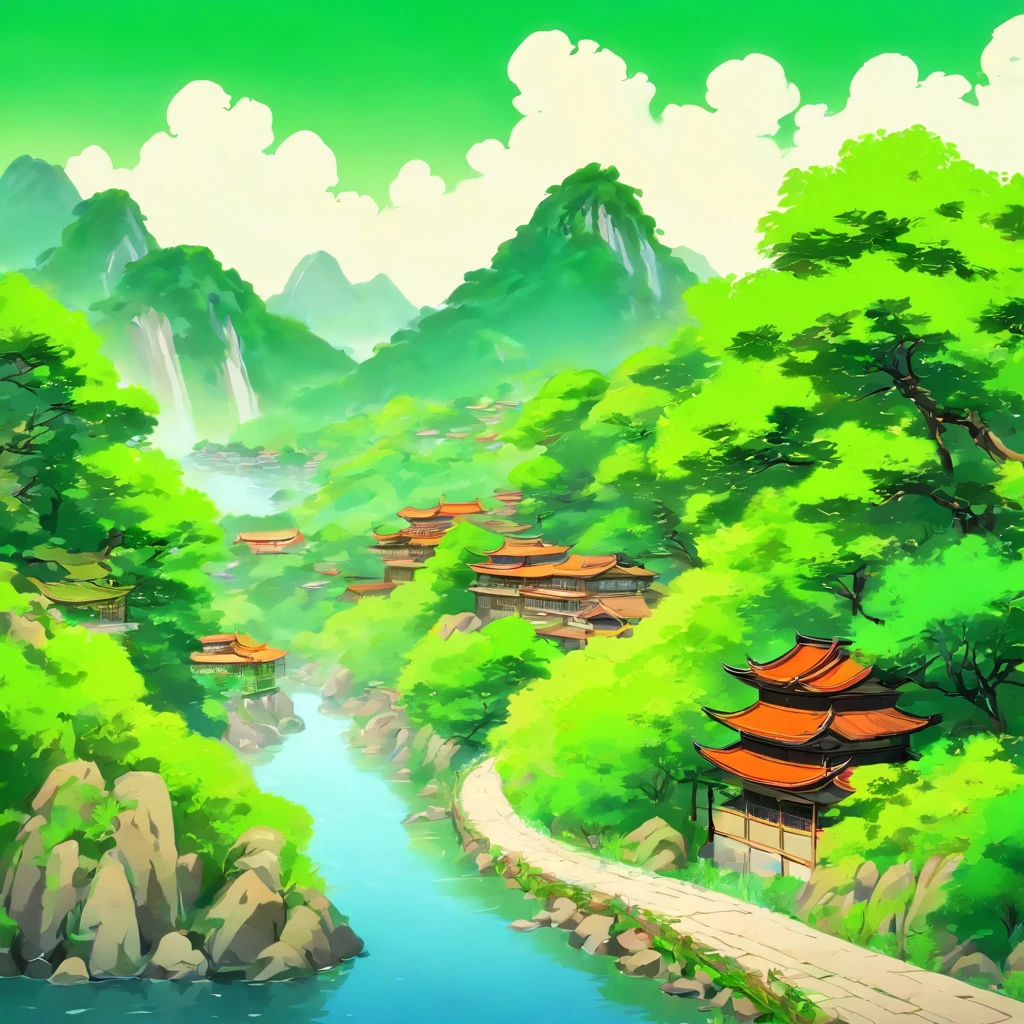 Nearby is a bluestone road，Winding mountain road in the distance, Babbling water，wide wide shot, Qi Baishi,Xu Beihong，Mainly white and green，Don't want any houses