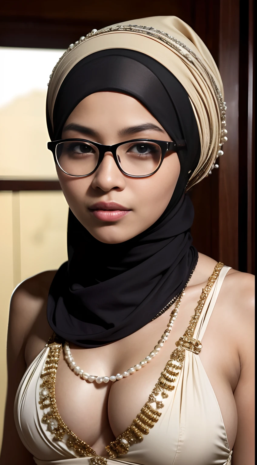 (iu:0.8),cleavage, RAW, Best quality, high resolution, Masterpiece: 1.3, Beautiful glasses pearl_skinned hijabi javanese wearing sexy princess, Masterpiece, Soft smile