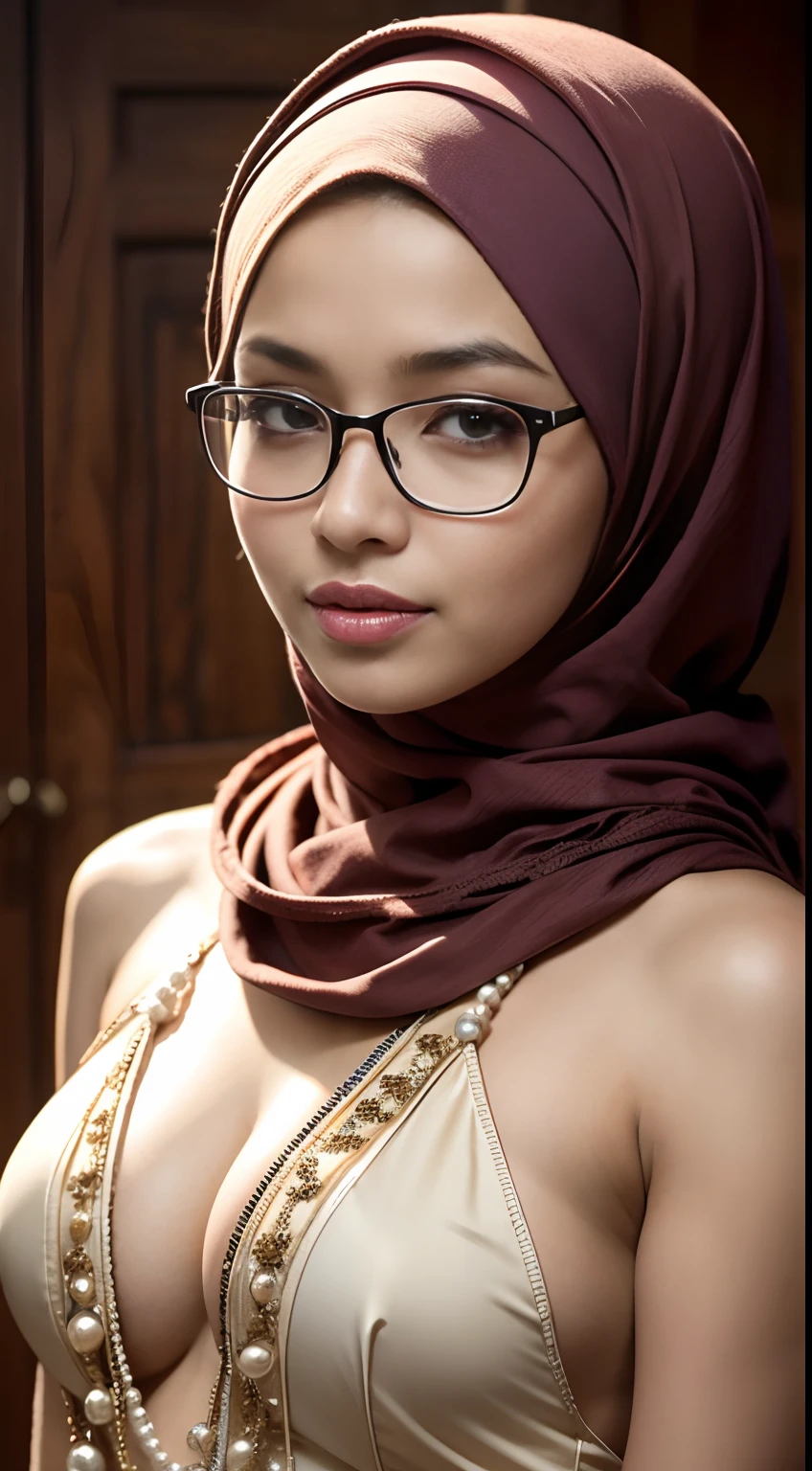 cowboy_shot,(iu:0.8),cleavage, RAW, Best quality, high resolution, Masterpiece: 1.3, Beautiful glasses pearl_skinned sexy hijabi javanese wearing tribal, Masterpiece, Soft smile