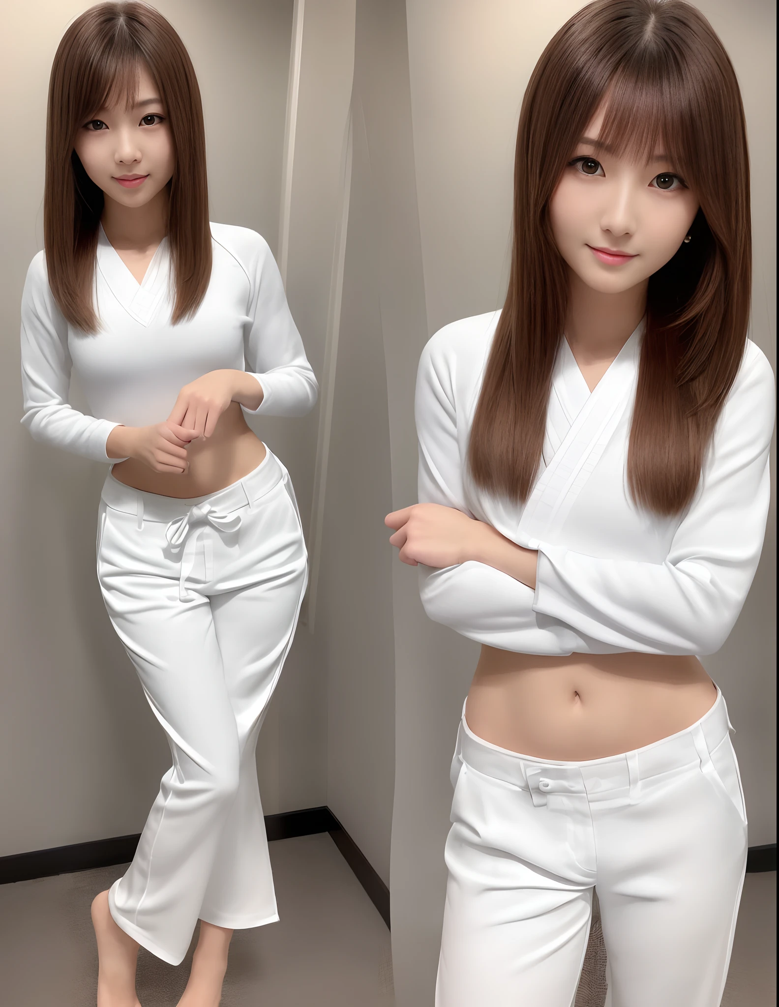 (Photorealsitic)(), Perfectly beautiful woman, (Full body 8K portrait), Stand alone, Stick out your fist, Large and dynamic hand and foot movements, Correct skeleton, White Karate Uniform, White karate pants, Large bust, Perfect facial detail, (Smile: 1.15), attractive beautiful face, gazing at viewer, a small face, 二重まぶた, Beautiful detailed eyes, long eyeslashes, ligh brown hair, Hairstyle is bob style, Toned waist, Beautiful thin legs, toned ankles, bare-legged ,TOKYOcty