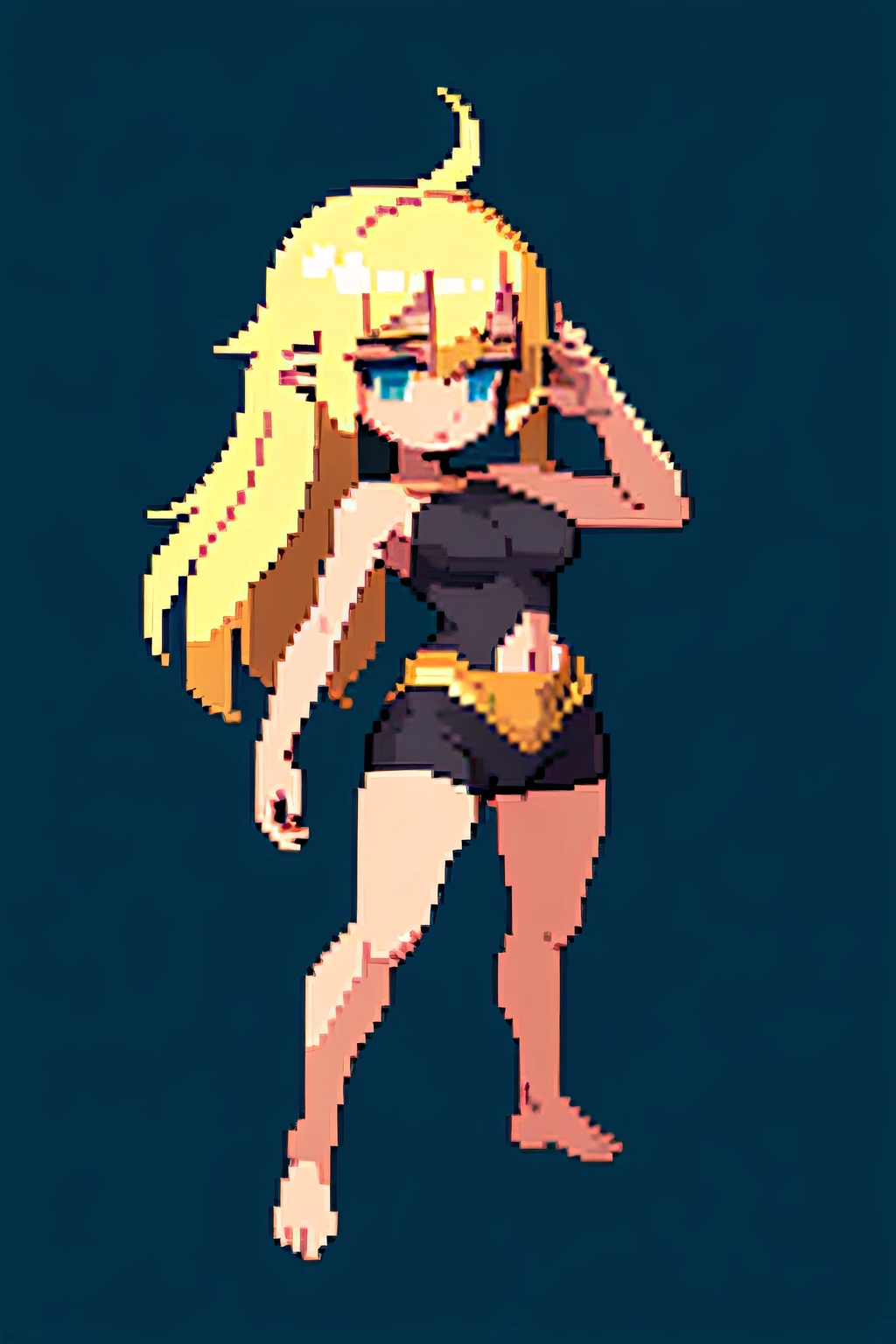 (masterpiece, top quality, best quality, less detail, 8-bit color), pixel,pixel art,1girl, fullbody, smack studio, separate body for edit, ((squatting)), ((armpits)), arms above and behind head, (micro bikini), bare foot