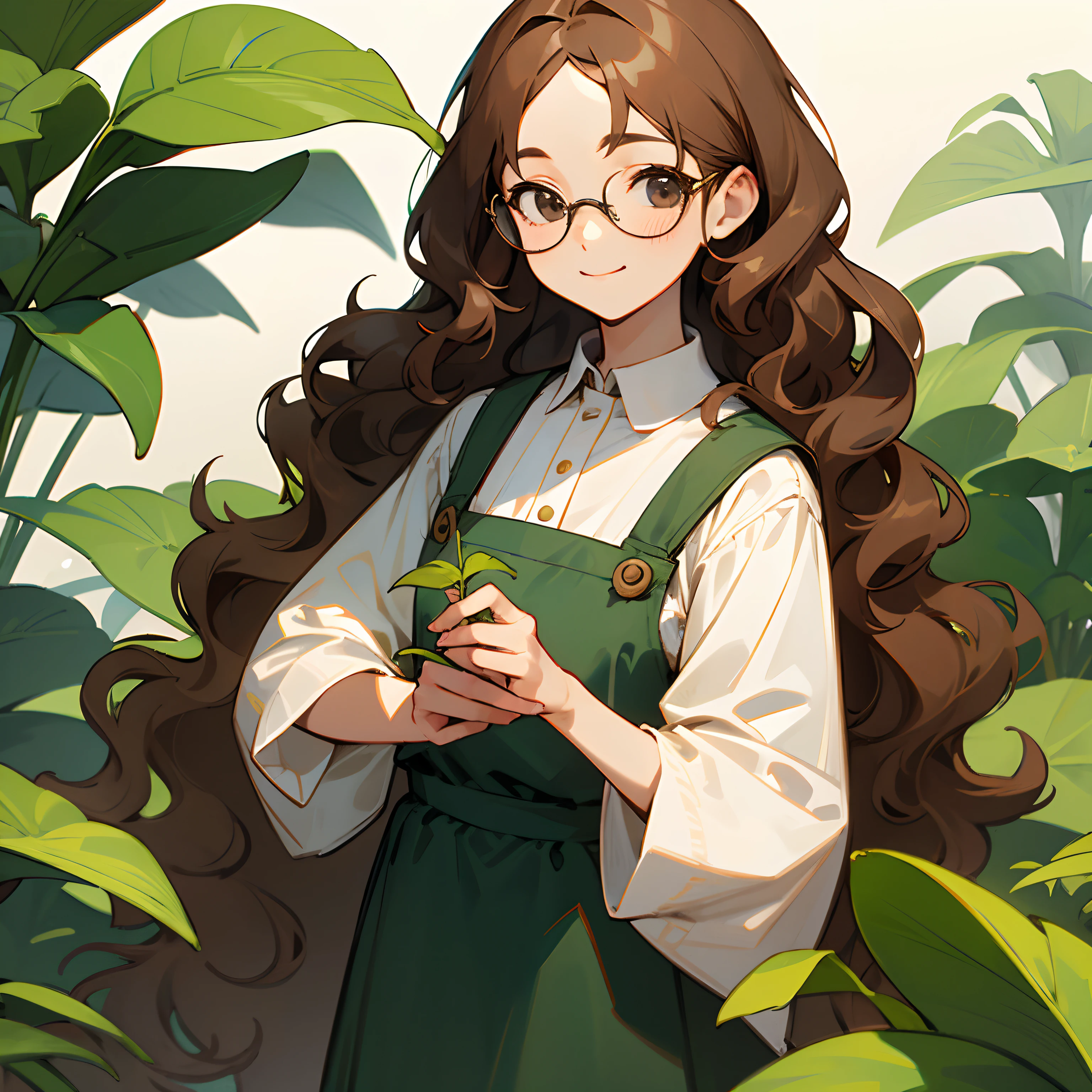 Brown wavy hair、Woman with glasses、a plant、pinafore、A slight smil