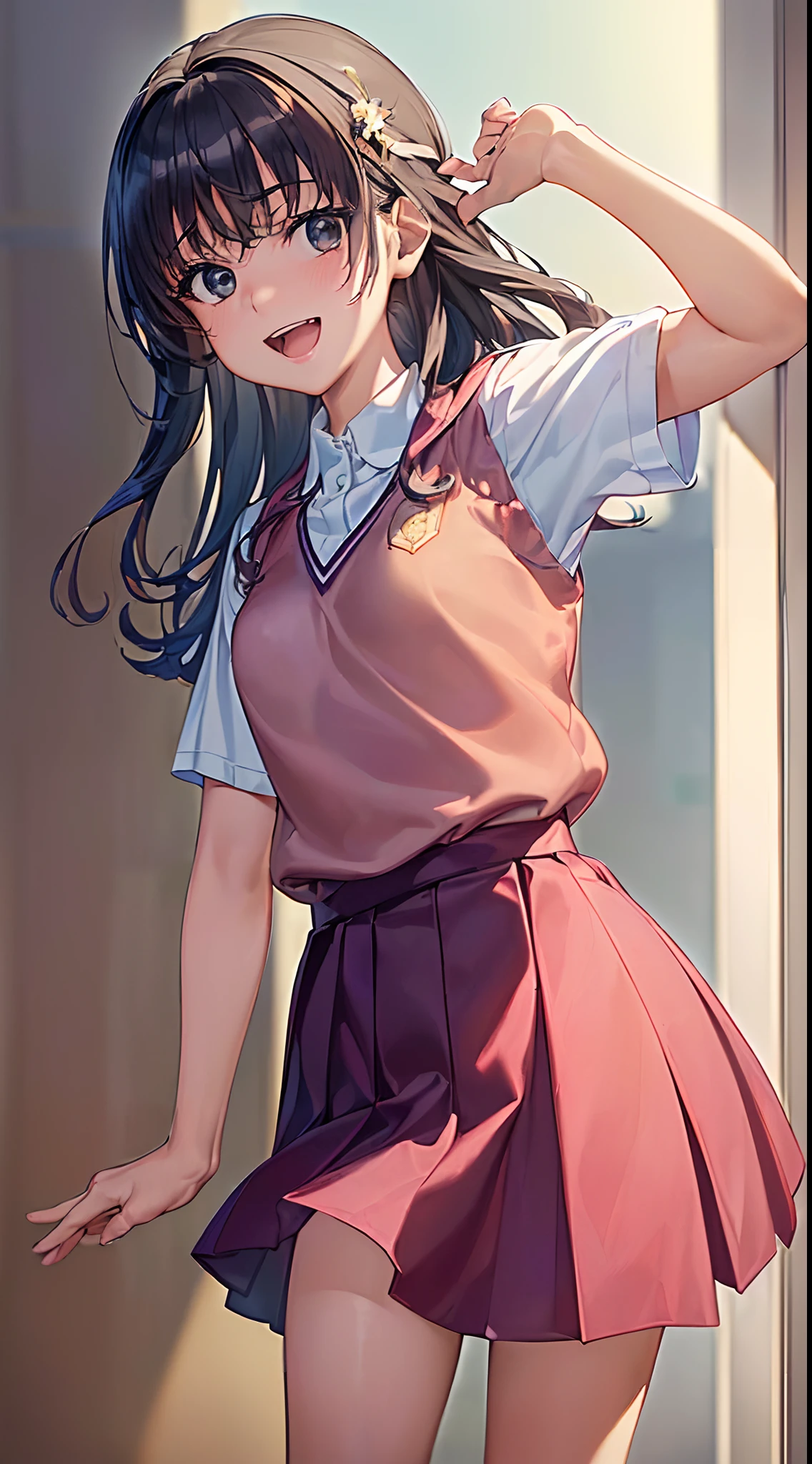 (((masterpiece,top-quality,超A high resolution))),1womanl, ,((()),Beautiful breasts,ar old,(open open mouth))),(((A smile))),(((Satin Narico))),,(((Best Quality,4K,in 8K))),((The wind almost makes my skirt flip up)),(((School uniform)),