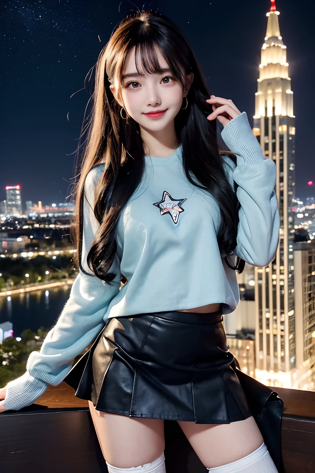 Masterpiece, Best quality, stars, Night, sky, Real, Cityscape, Huge_filesize, the wallpaper, Girl, Medium hair, Striped hair, Wavy hair, view the viewer, aqua eyes, grin, Sparkling eyes, shirt, Sweater jacket, Bare_bshoulders, Miniskirt, Sukusui, white thighhighs, Earrings, fingerless_mitts, half gloves , Spread legs, Sam_polypubic hair, Skirt lift,