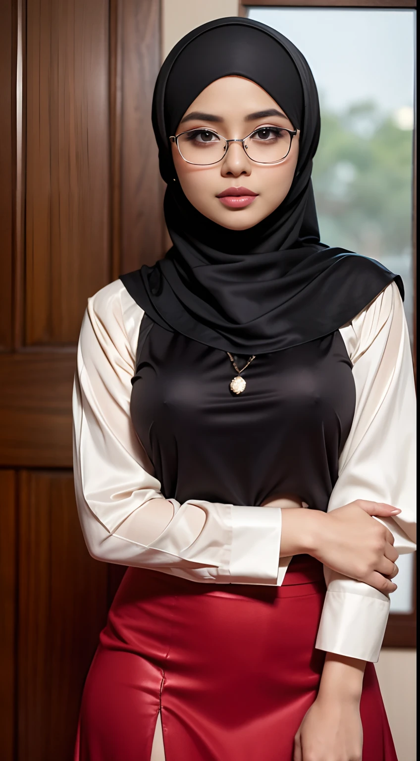 cowboy_shot,(iu:0.8),cleavage, RAW, Best quality, high resolution, Masterpiece: 1.3, Beautiful glasses pearl_skinned sexy hijabi javanese wearing high_slit_skirt, Masterpiece, Soft smile