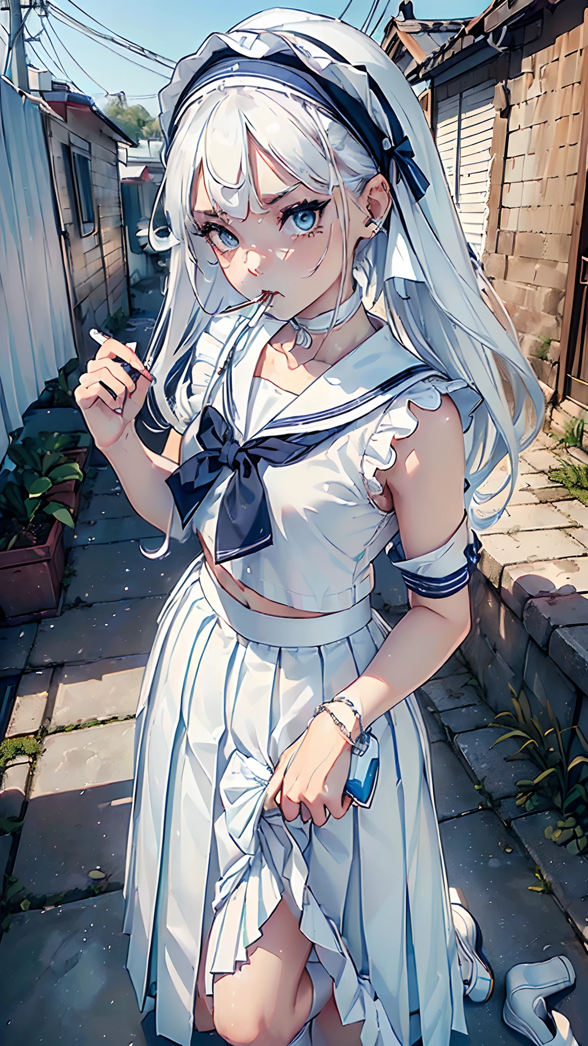 (masterpiece), (best quality), (official art, extremely detailed CG unity 8k wallpaper), (highly detailed), ((absurdres)), 1girl, mid shot, (exquisite facial features),(serafuku:1.3) ((sfw)),((clear hands)), ((white thighhighs without shoes)),aqua eyes, color contact lenses, stars in the eyes, (((colorful bubble))), colourful glass, (album cover)