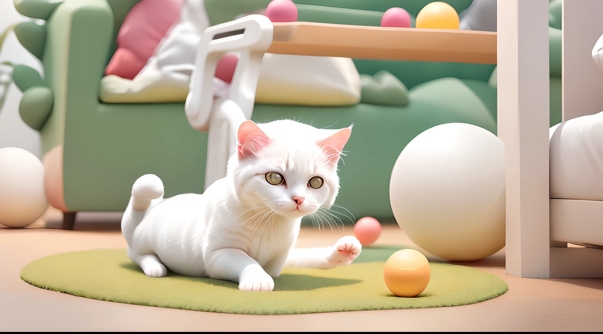 A white cat playing with a ball