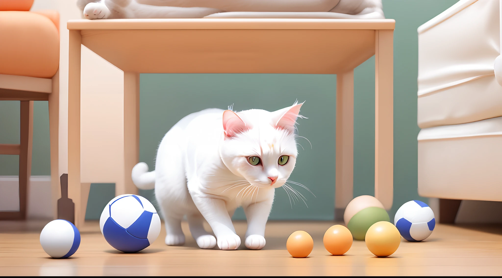 A white cat playing with a ball