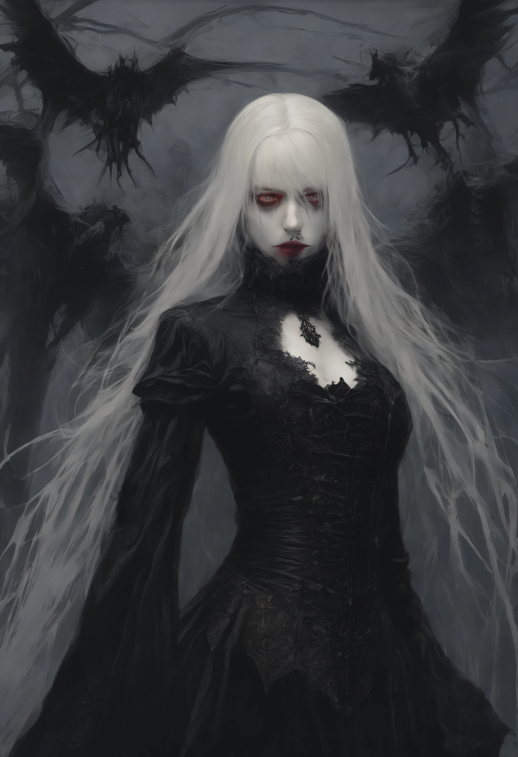 Vampire girl is wearing a boy's neck and sucking live blood、Live blood drips from the mouth and nape of the neck、Girl is smiling while glaring at viewers、The boy has his back turned and his face is not visible、Masterpiece、top-quality、A hyper-realistic、God girl with beautiful blonde long hair々There is a sense of