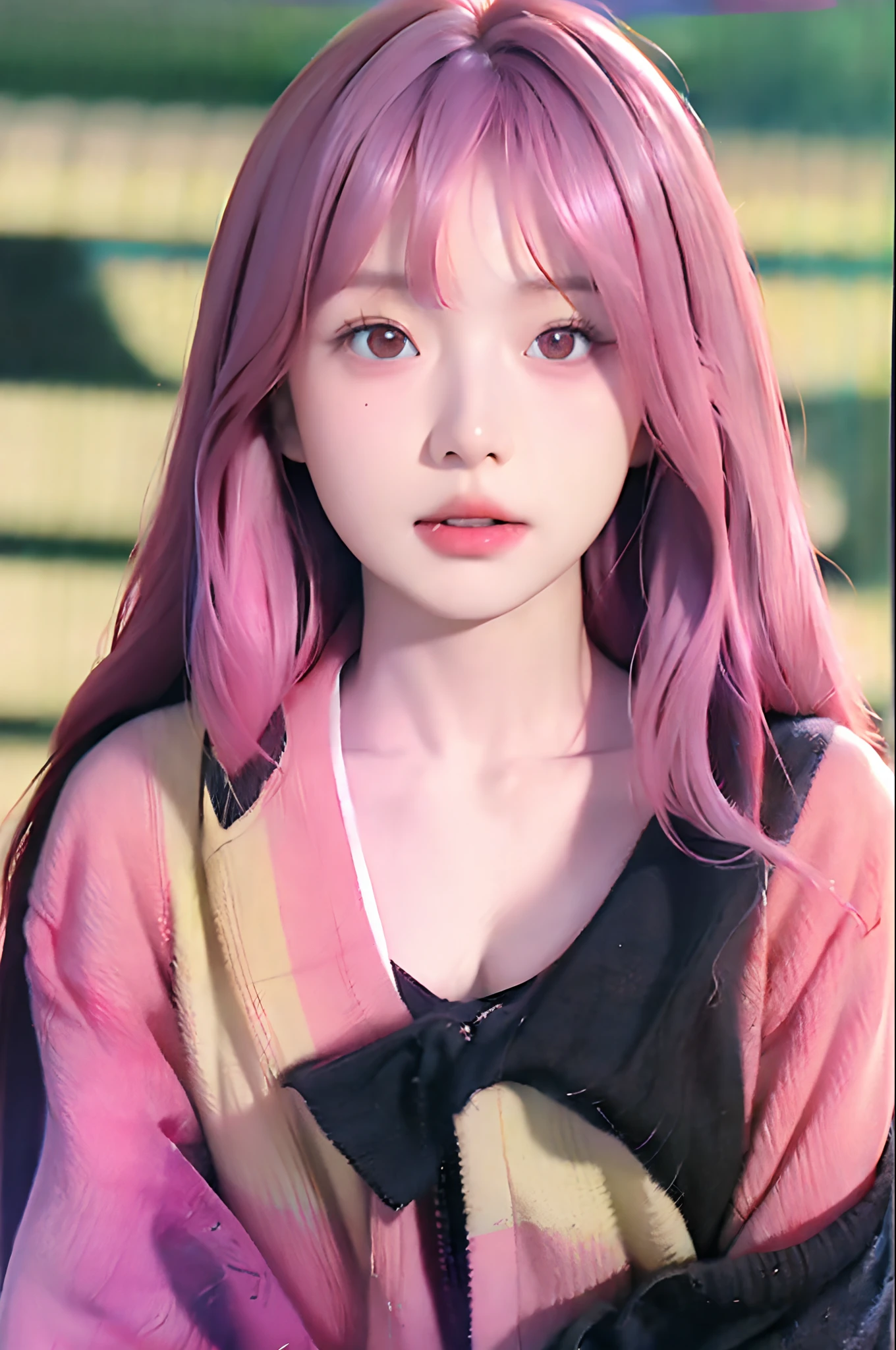 masterpiece, best quality, (dark photo:1.3), photorealistic, 1girl, flat bangs, stunning innocent symmetry face, shirt, emotional, ulzzang, (PureErosFace_V1:0.7)realistic, sharp, ultra fine, ultra realistic, realism, upper body, yae miko,pink eyes,pink hair,Soft skin,soft skin,after clothes,