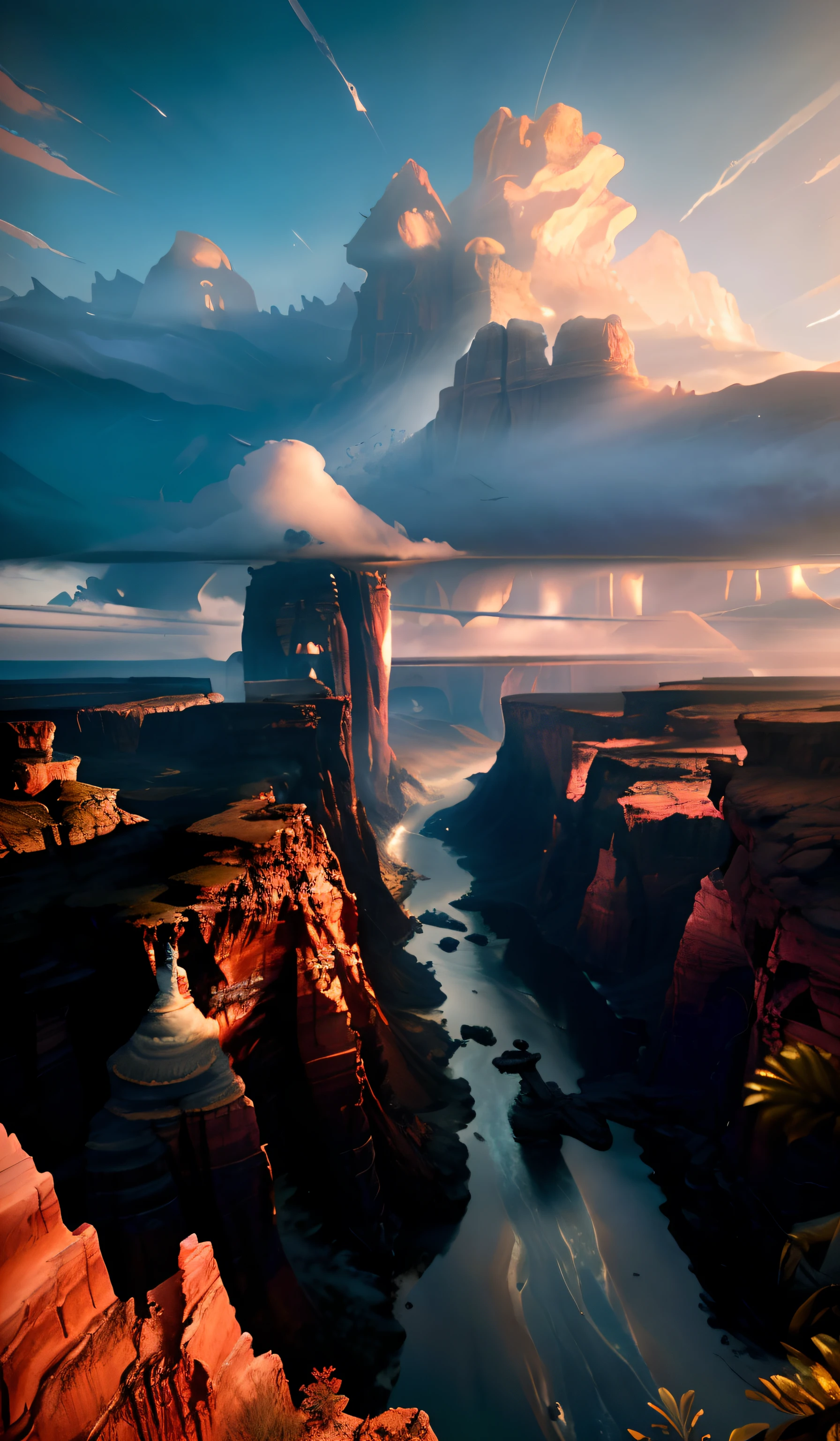 arafed view of a river running through a canyon with a bridge, max rive, amazing exquisite matte painting, epic cinematic matte painting, stunning matte painting, epic matte painting, majestic matte painting, matte painting concept art, extravagant matte painting, beautiful mattepainting, elaborate matte painting, beeple and jean giraud, beautiful matte painting, matte-painting