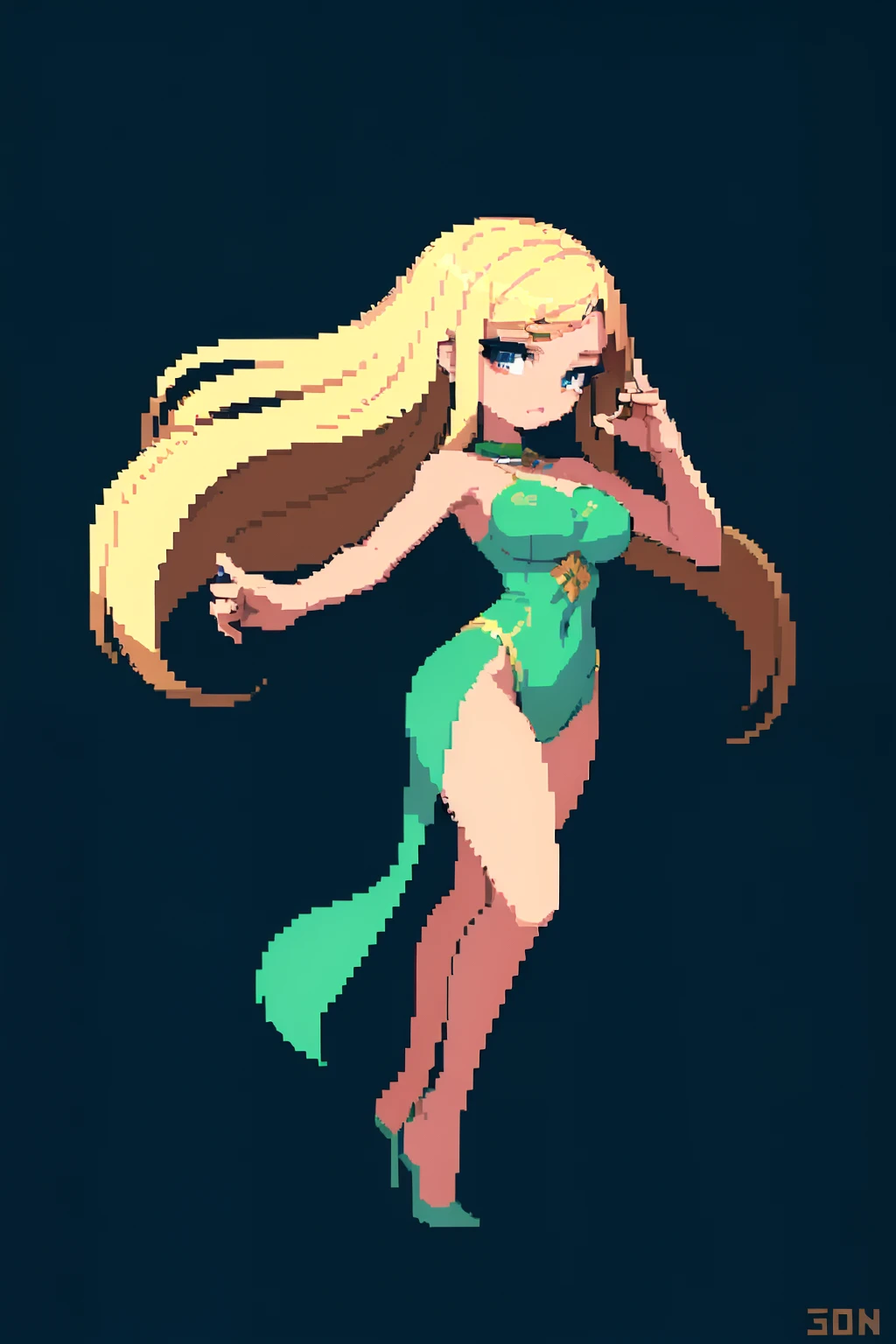 {{lift one leg}},{{muscular}},{{gigantic breasts}} ,{{very curvy}} ,masterpiece , best quality , pixel art , 1 girl ,{full body}, voluptuous ,twintails,blonde hair ,white background