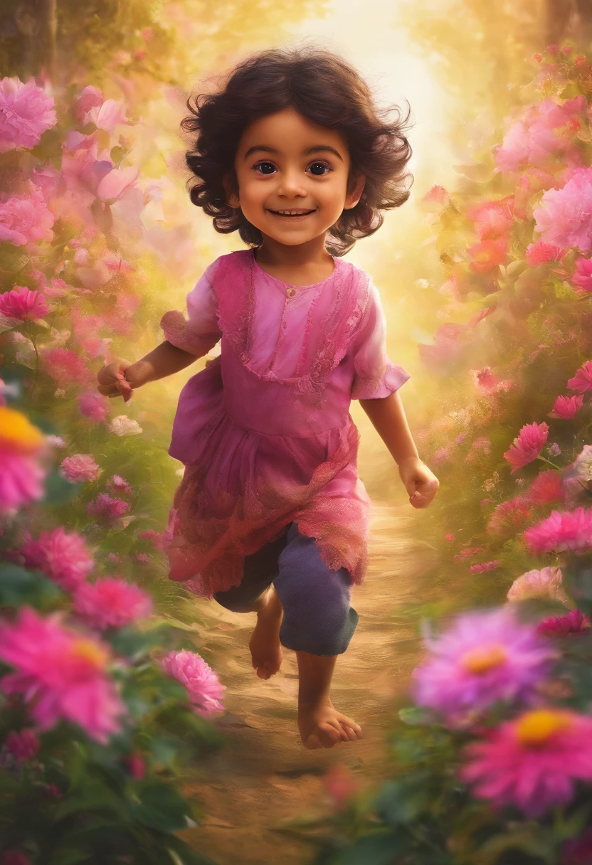 An Indian joyfully running towards the camera, well detailed face, in between the flowers, with cinematic light. The scene is filled with pink colored flowers. The kid's face is detailed, with beautiful eyes, nose, and lips. The flowers are in full bloom, with delicate petals and vibrant colors. The medium used to create this artwork is a painting, with an ultra-detailed and photorealistic style. The image quality is of the highest standard, with best quality, 4k resolution, and vivid colors. The lighting in the scene is captivating, with soft and warm tones illuminating the kid and the flowers.