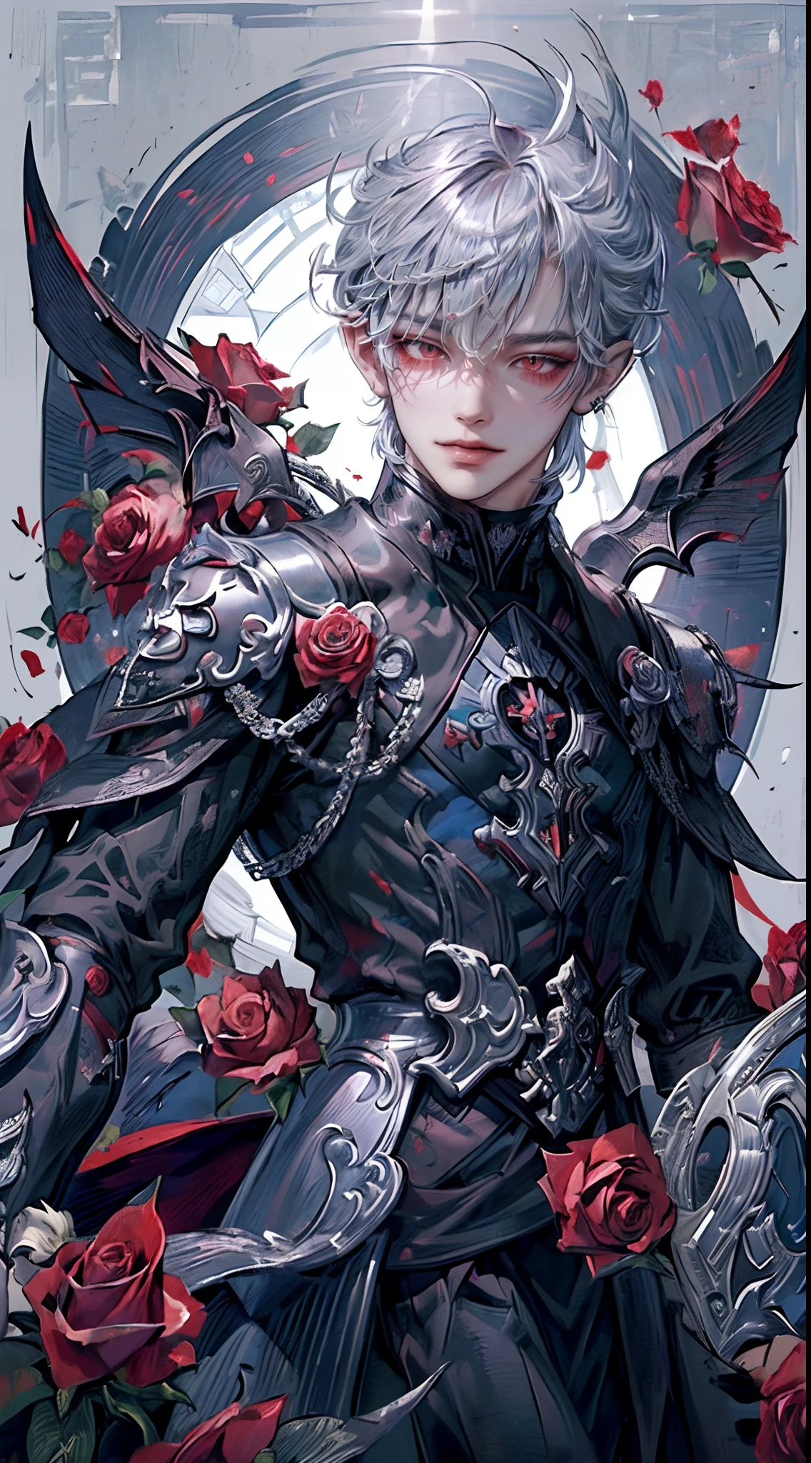((4K works))、masterpiece、(top-quality)、((high-level image quality))、((One Beautiful Fallen Angel Man))、King of Fallen Angels、Slim body、((Vampire Black Y-Shirt Fashion))、(Detailed beautiful eyes)、((Red roses and crows on fantastic black background))、Inside the Evil Castle、((Face similar to Chaewon in Ruseraphim))、((Fallen Angel Hair))、(((bright silver hair)))、((Smaller face))、((Neutral face))、((Evil face))、((Red Eyes))、((Korean Male))、((18year old))、((wild boy))、((Bad look))、((Show your teeth and smile))、((Korean makeup with black eyeshadow))、((elongated and sharp eyes))、((Shot alone))、((Fallen angels))、Photos of fallen angels、Villain、Dark Proof、((Shot diagonally from the side))、Fallen Angel Pose