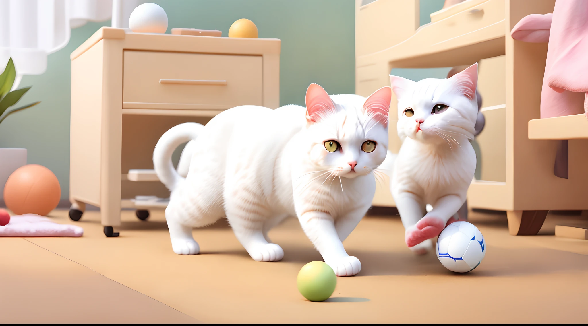 A white cat playing with a ball