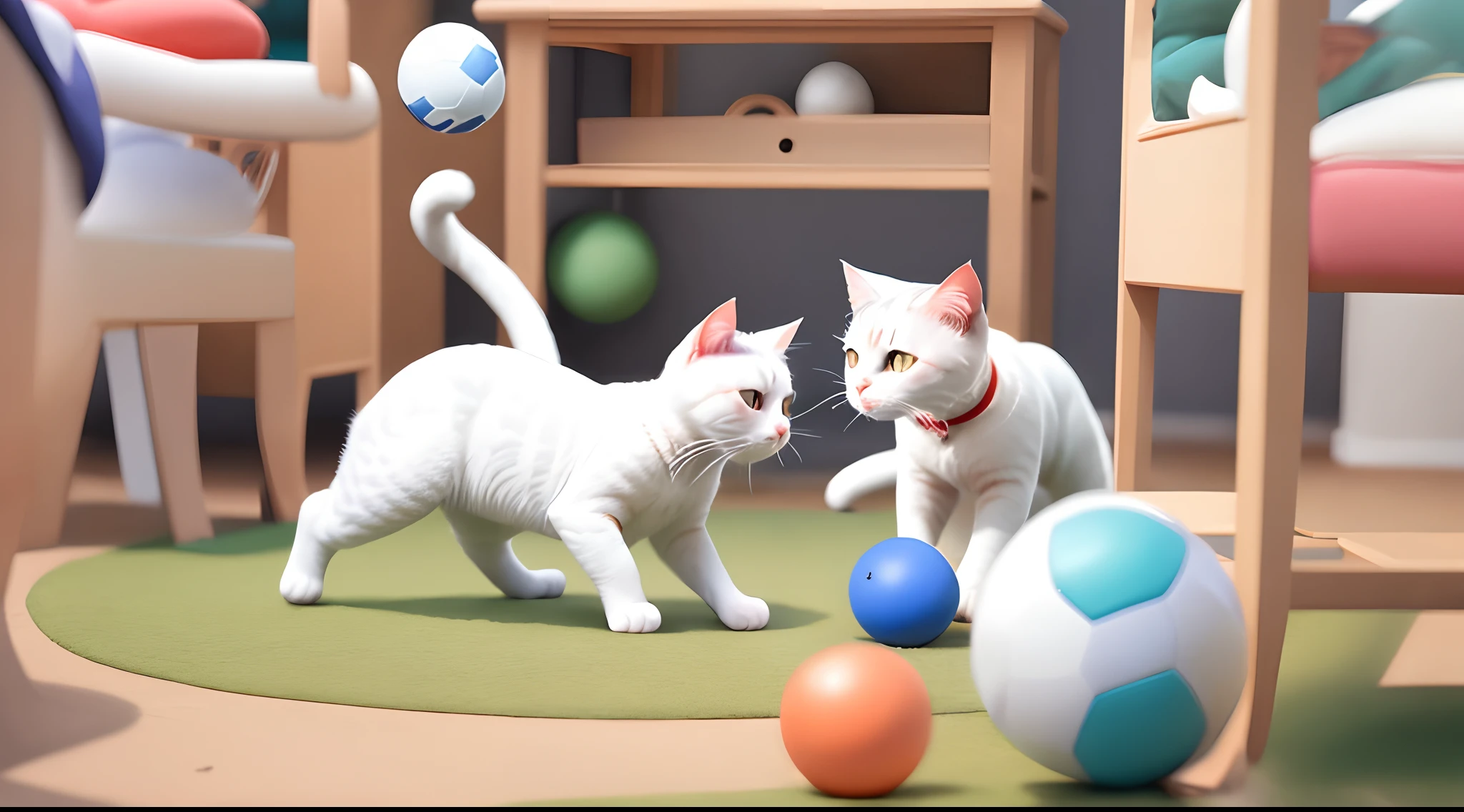 A white cat playing with a ball