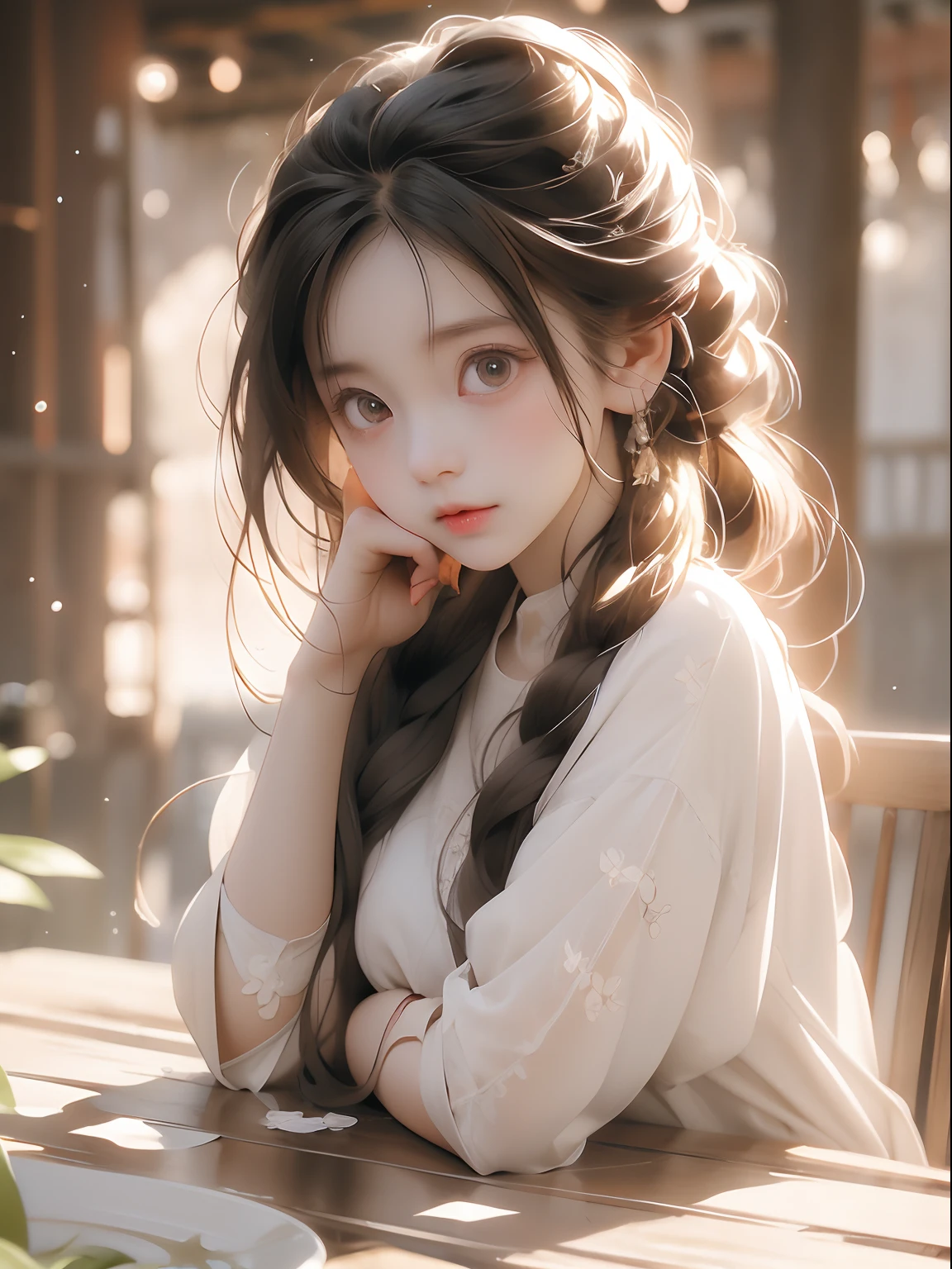 anime girl with big eyes and a white shirt sitting at a table, cute anime face, cute expression, extremely cute anime girl face, cute natural anime face, cute large eyes , Hands on the chin , big cute eyes, with cute doting eyes, cute detailed digital art, beautiful anime face