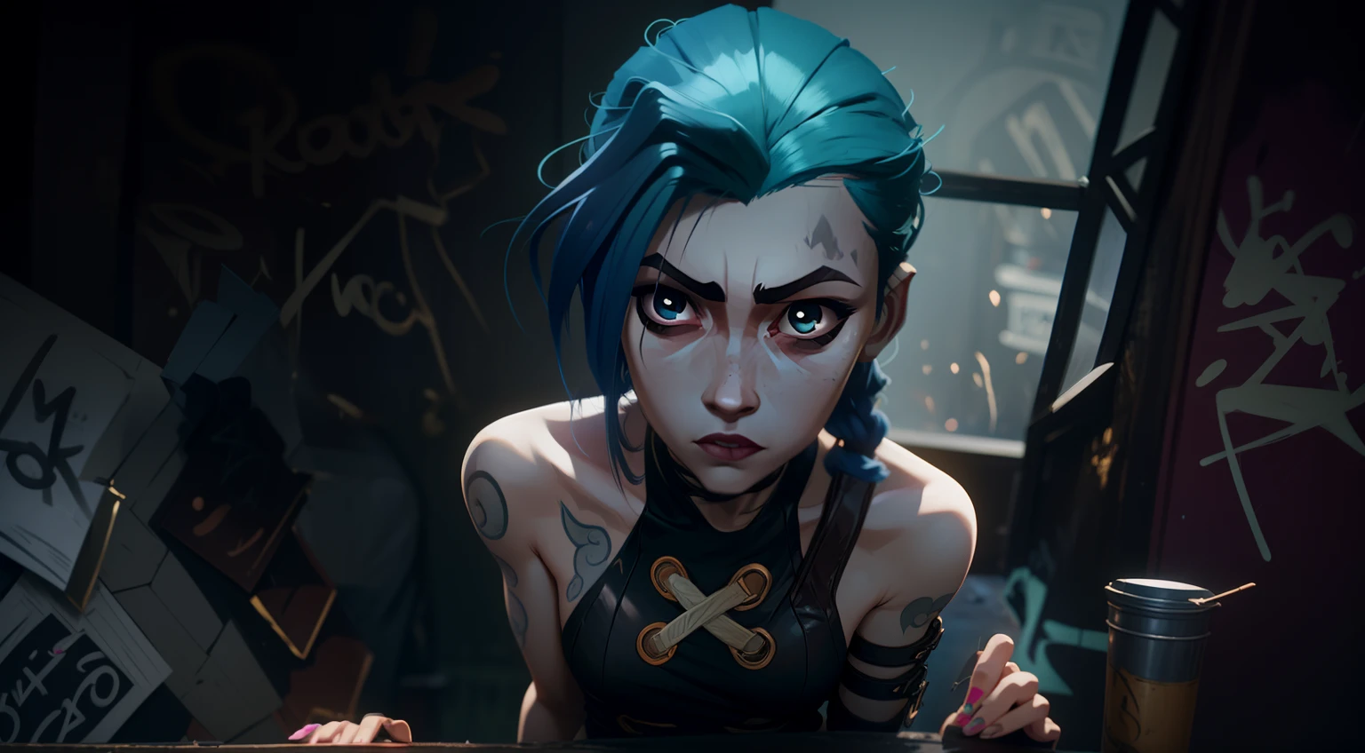 Beautiful hand, Mess in the room, Glowing pink and green graffiti on the wall, Graffiti monkey with crosses for eyes, Jinx lettering on the wall