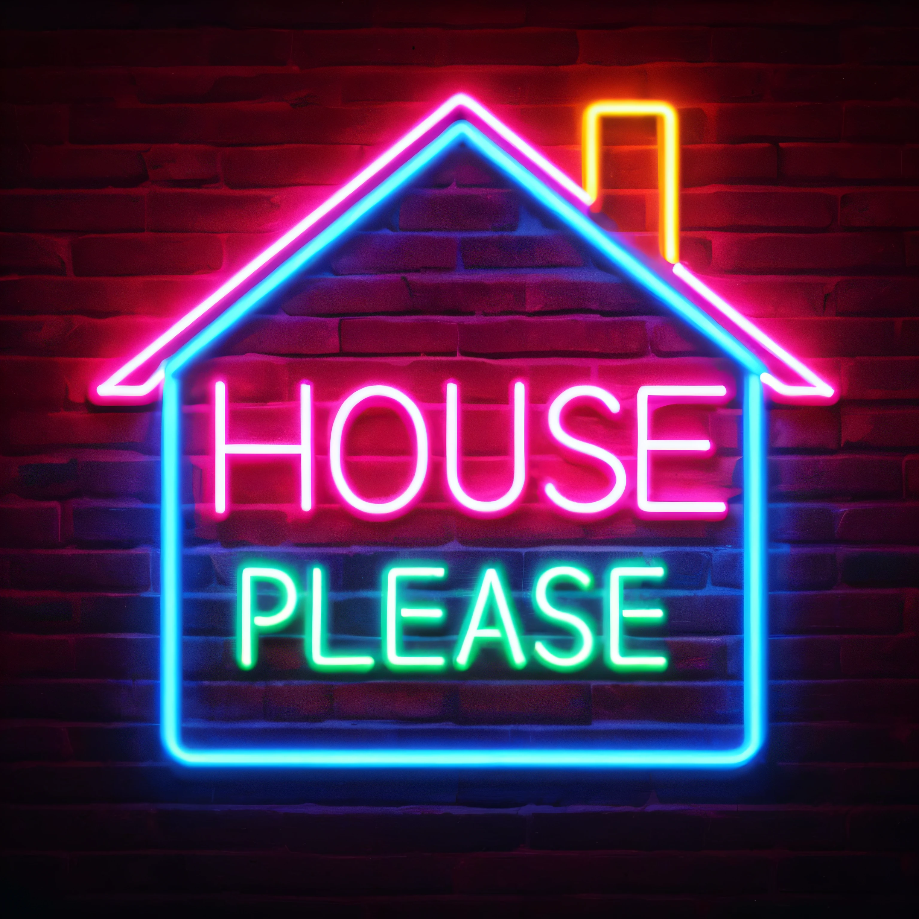 Neon sign of a house with a house please sign on the front, Antecedentes de la casa, Neon signs on the background, Neon, pink, yellow, and blue signs, with neon lighting, With neon signs, Neon Signs, Bright neon signs, neon signs, neon lights in background, "House music raves with dancers, en casa, Por favor, Colorful neon signs, neon sign