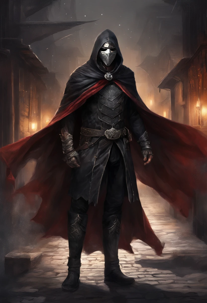 (ultra-detailed CG unit 8k wallpaper, Master parts, Best quality, depth of fields, hdr), 1boy, anime character, short silver hair, long black cape, turtleneck, serious, mask in the eyes, The mask is painted with a scary smile, white mask, The mask fits the face just right, on top of a old town (night) , vigilant, trained physique, assassin style, black clothing all over the body, agile, light armor, anime (Master parts: 1.4) (illustration: 1.4), Red studio lighting, Post-processing, 8K resolution, deep dark background, imponent, Well-composed photos, Impressive, (darken: 1.5)