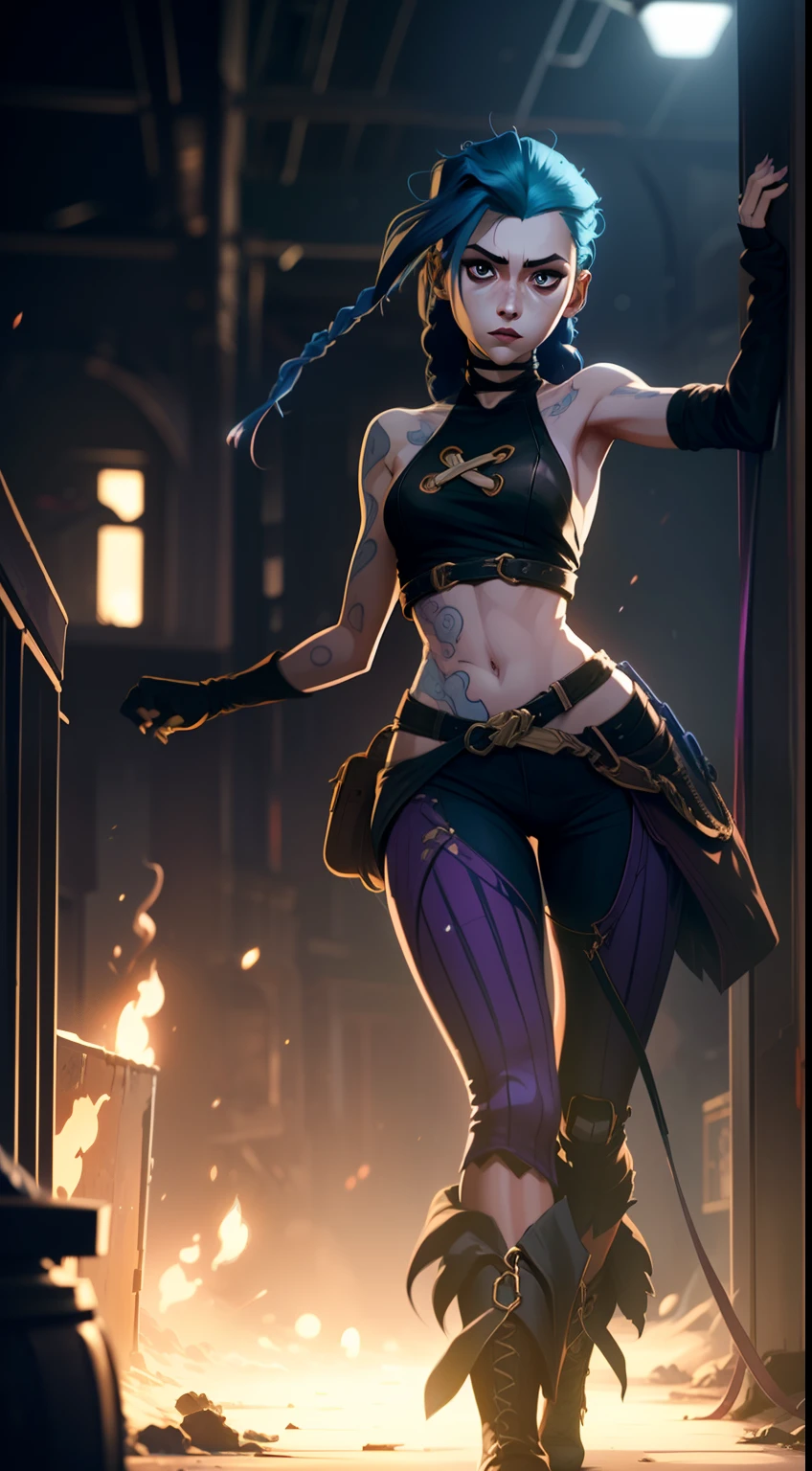 Overhead view, The camera looks at Jinx from above, Like in a computer game, Jinx's character design, Dynamic movements, Standing Half-Sideways, stands on the edge of the roof, Fantasy City, City of Piltover, the night, explosions, fire, Smoke, sparks, Purple Flashes, sexypose, Beautiful figure, Arcane's Jinx, Bright blue and purple sparks all around, glowing eyes, Pink glowing eyes, hairlong, hairsh, braided into long braids, Pigtails hang below the knee, Hair color changes from bright blue to navy blue, Dressed in brown breeches, Leather boots on the feet, Top with four gold circles on the chest in the middle of the chest, Blue cloud tattoos on shoulders and waist, Long bangs, hanging on the right side, Belt with cartridges on the belt, Arcane style, extremely detailed CG unity 8k wallpaper, detailed light, Cinematic lighting, chromatic aberration, glittering, expressionless, epic composition, dark in the background, Cherecter Desing, Very detailed, Detailed body, Vibrants, Detailed Face, sharp-focus, anime art, Vibrants, Detailed Face, Hugh Details, sharp-focus, Very drooping face, A detailed eye, super fine illustration, better shadow, finely detail, Beautiful detailed glow, Beautiful detailed, Extremely detailed, expressionless, epic composition,