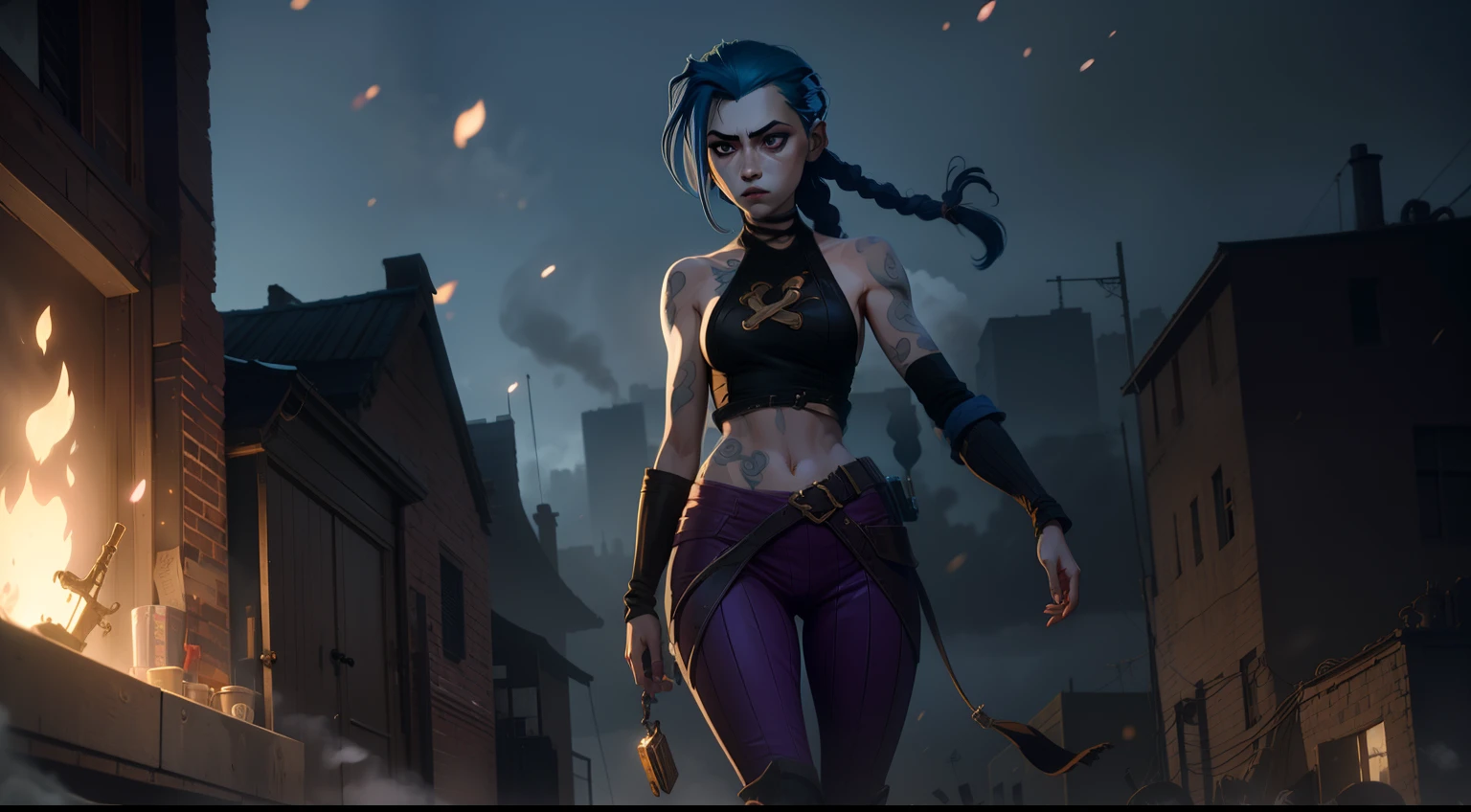 Overhead view, The camera looks at Jinx from above, Like in a computer game, Jinx's character design, Dynamic movements, Standing Half-Sideways, stands on the edge of the roof, Fantasy City, City of Piltover, the night, explosions, fire, Smoke, sparks, Purple Flashes, sexypose, Beautiful figure, Arcane's Jinx, Bright blue and purple sparks all around, glowing eyes, Pink glowing eyes, hairlong, hairsh, braided into long braids, Pigtails hang below the knee, Hair color changes from bright blue to navy blue, Dressed in brown breeches, Leather boots on the feet, Top with four gold circles on the chest in the middle of the chest, Blue cloud tattoos on shoulders and waist, Long bangs, hanging on the right side, Belt with cartridges on the belt, Arcane style, extremely detailed CG unity 8k wallpaper, detailed light, Cinematic lighting, chromatic aberration, glittering, expressionless, epic composition, dark in the background, Cherecter Desing, Very detailed, Detailed body, Vibrants, Detailed Face, sharp-focus, anime art, Vibrants, Detailed Face, Hugh Details, sharp-focus, Very drooping face, A detailed eye, super fine illustration, better shadow, finely detail, Beautiful detailed glow, Beautiful detailed, Extremely detailed, expressionless, epic composition,