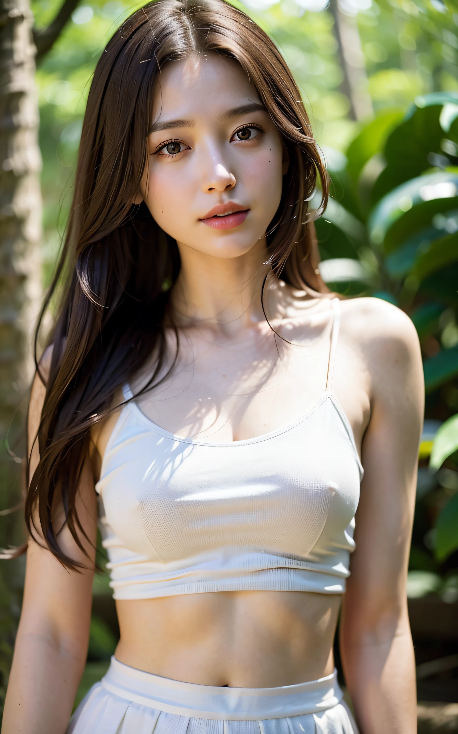 (Raw photo, Best Quality), (Realistic, Photorealsitic:1.3), masterpiece, Extremely delicate and beautiful, Soft light, (Brown hair, sway in the wind shoulder length straight hair), bangs, Beautiful detailed girl, (Detailed fingers), extremely detailed eye and face, beautiful detailed nose, Beautiful detailed eyes, 1 girl, Japanese, Neat and clean beauty, young, Smile, white T-shirt, skirt, (Half body:1.3), (), Realistic face, Realistic body, forest