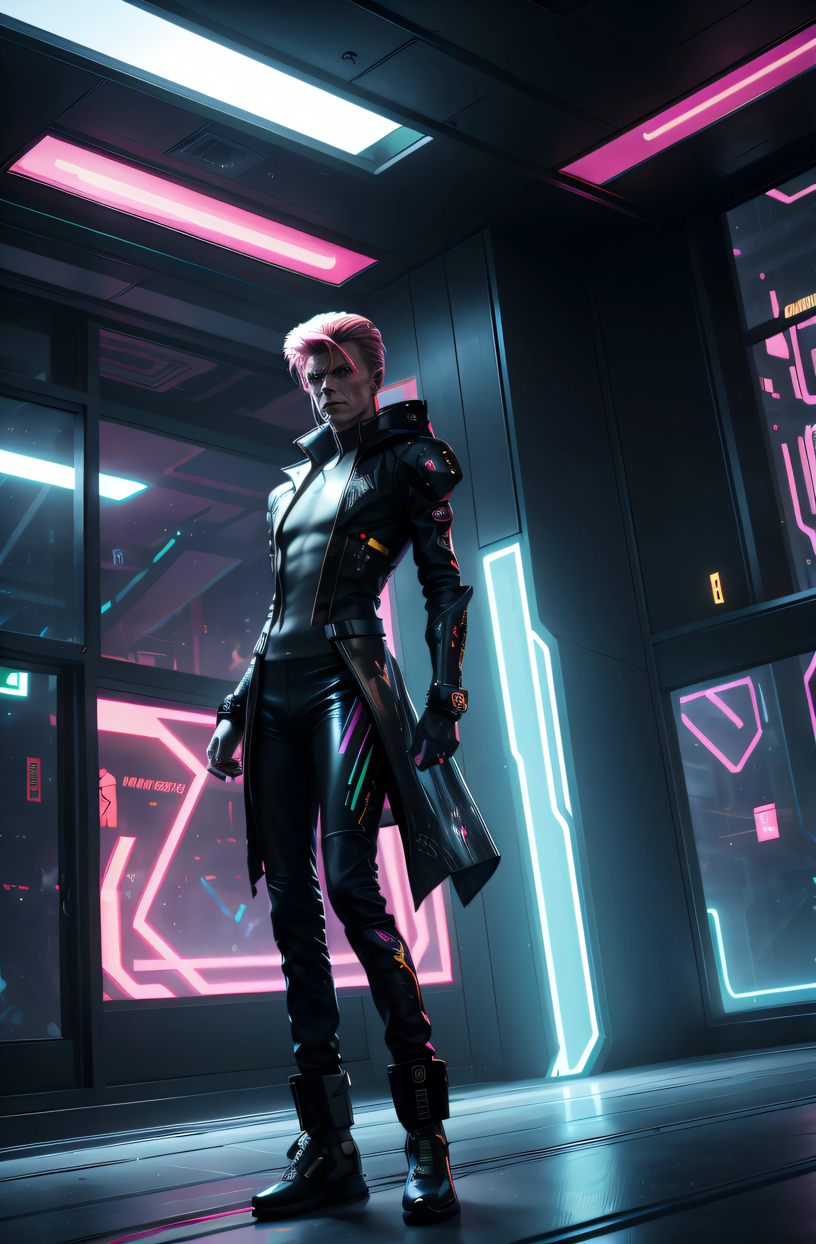 David Bowie in a surrealist Cyberpunk 2077 world, stunning, something that even doesn't exist, mythical being, energy, molecular, textures, iridescent and luminescent scales, breathtaking beauty, pure perfection, divine presence, unforgettable, impressive, breathtaking beauty, Volumetric light, auras, rays, vivid colors reflect.