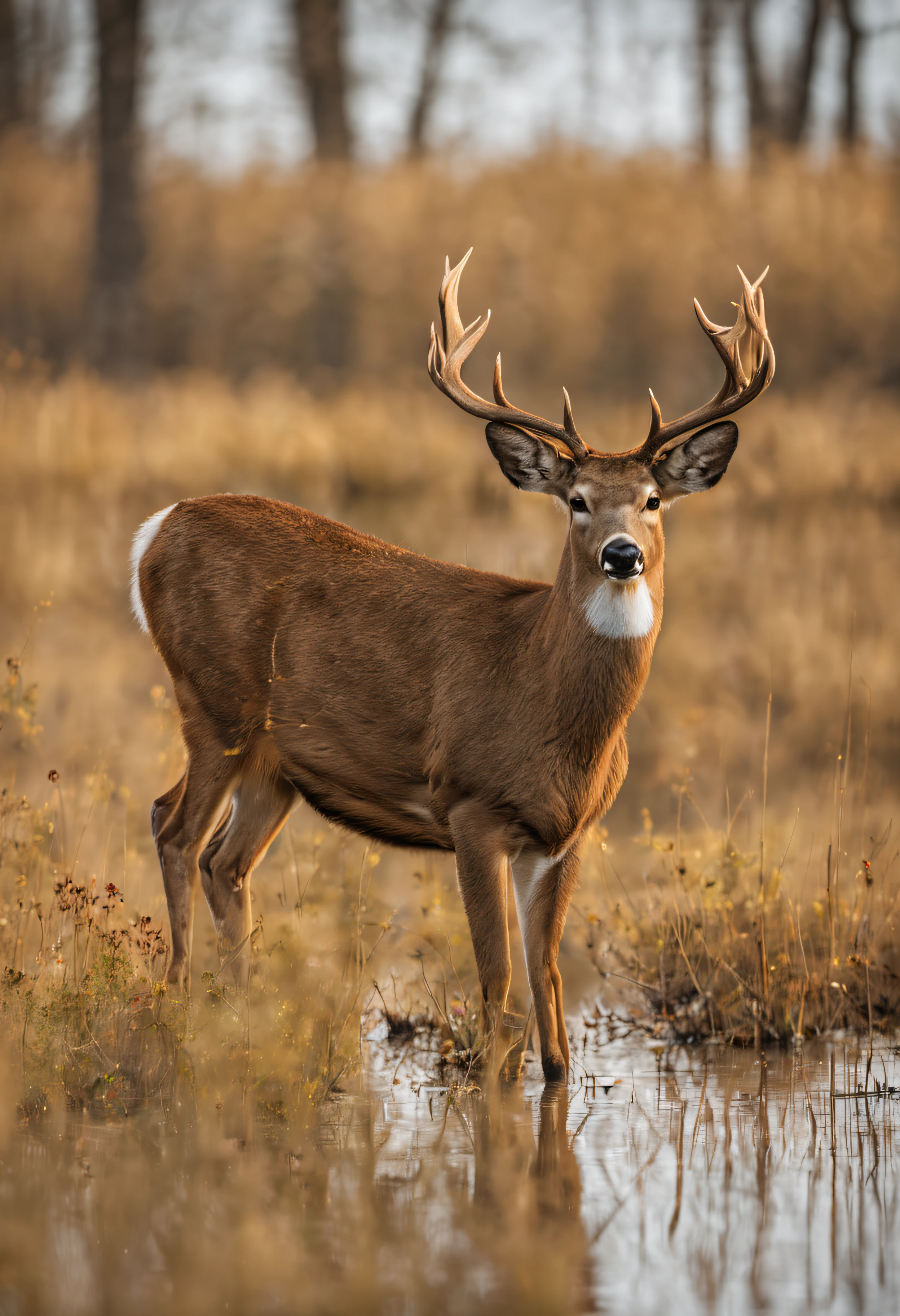 large deer with branched antlers, standing in a clearing surrounded by forest