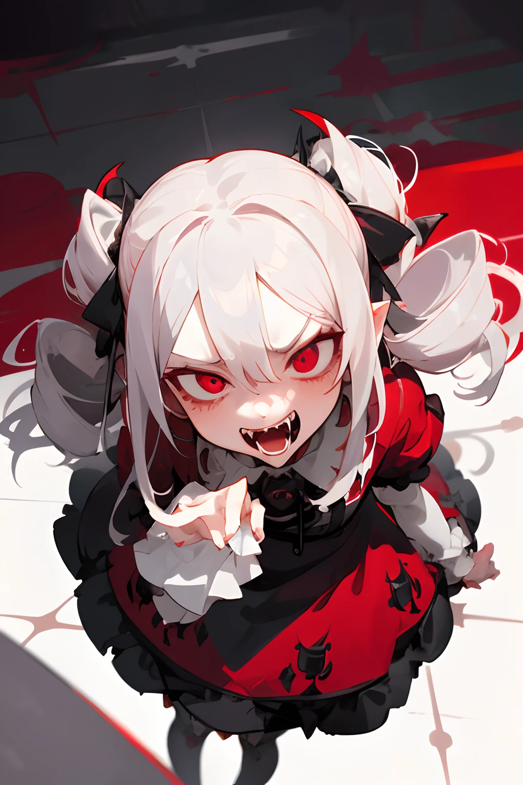 1girl, ((fangs:1.2)), crimson gothic dress, twin drills, ashamed, upturned eyes, avert eyes, fuzzy, looking away, head tilted, from above
