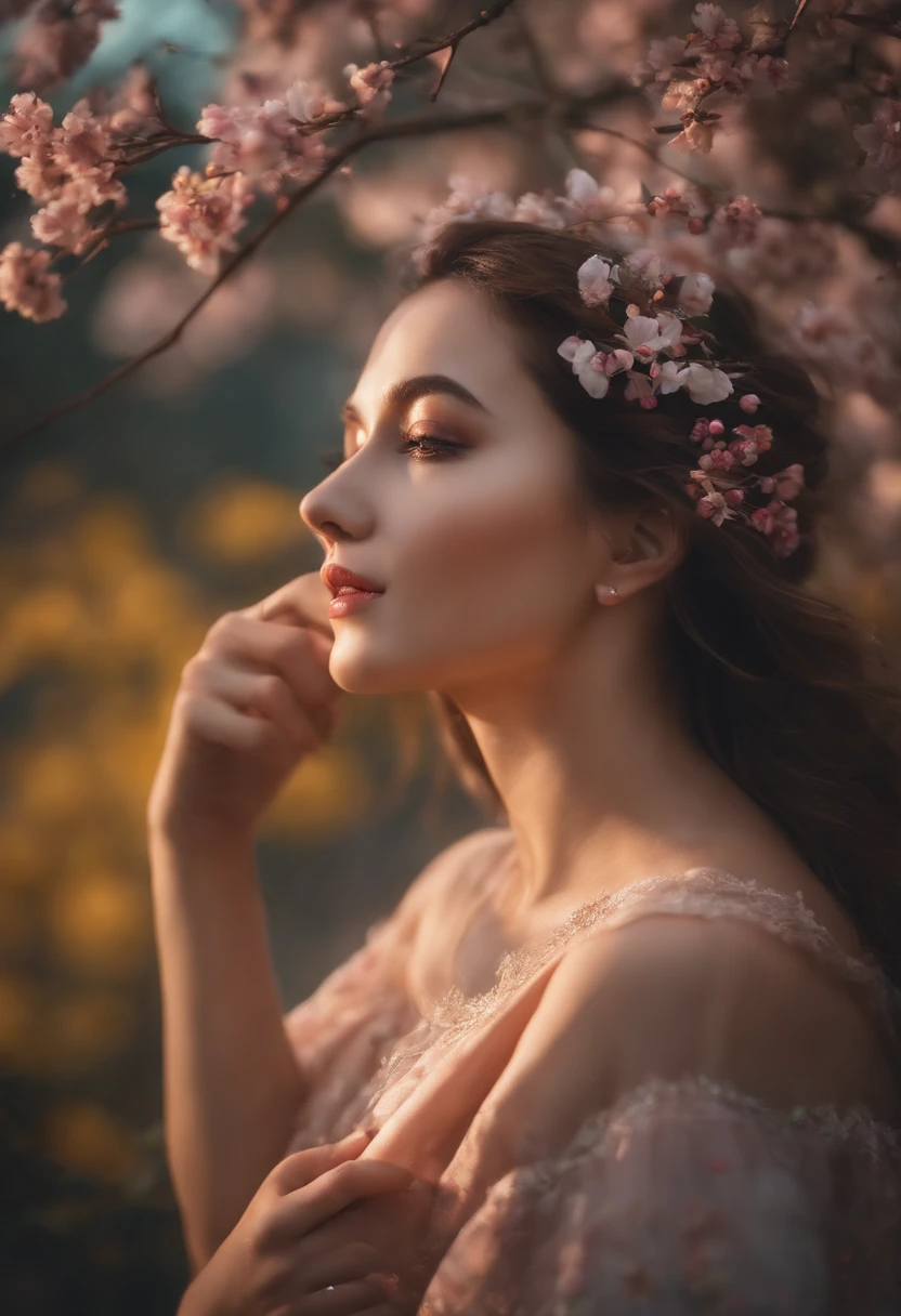 masterpice, (Best quality), ((best detail)), Depth of field, A beautiful girl, Beautiful face, Nature, Spirit, Blossom, Colorful scenery, Flowers, butterflys, glowing dress, element in
