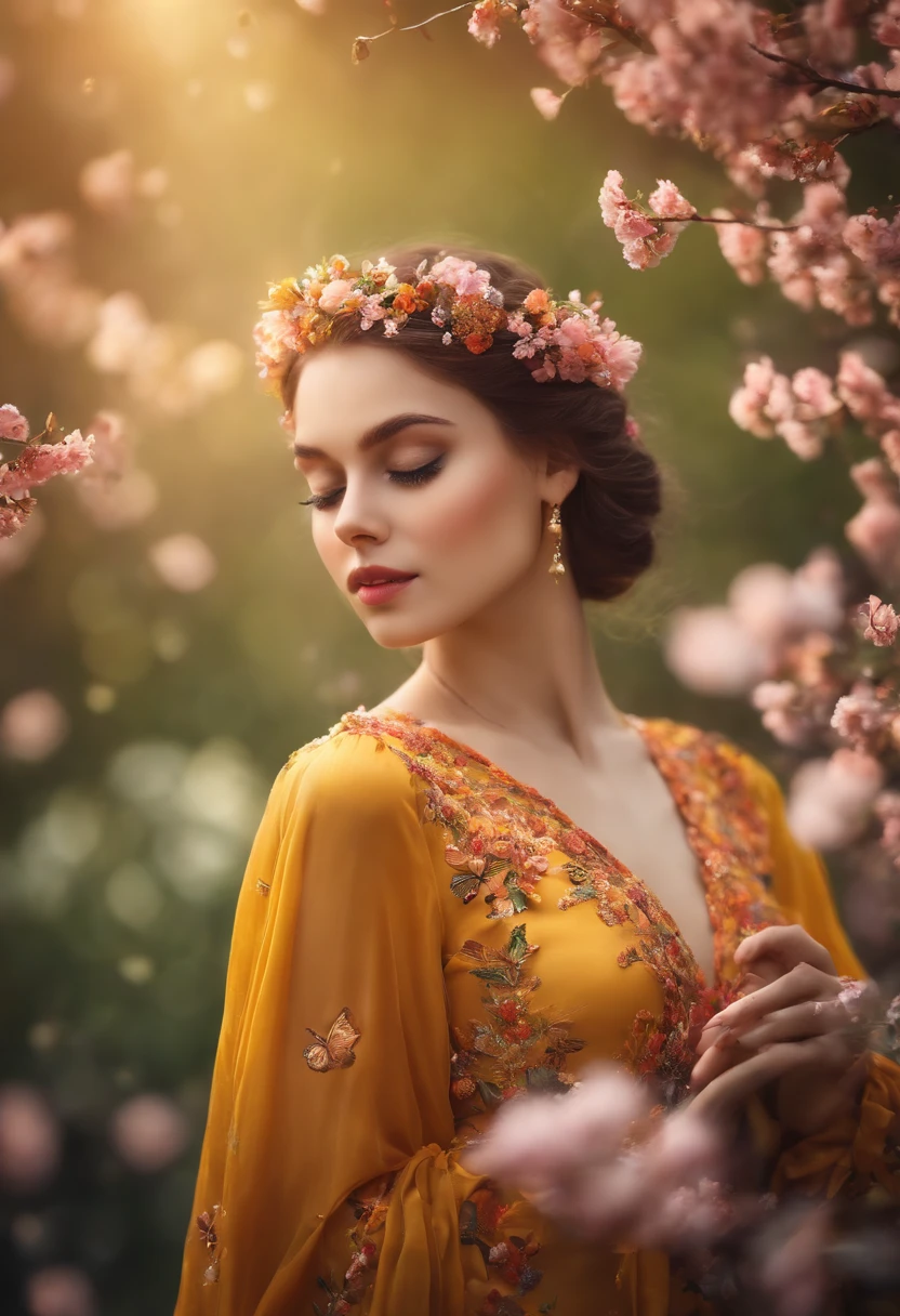 masterpice, (Best quality), ((best detail)), Depth of field, A beautiful girl, Beautiful face, Nature, Spirit, Blossom, Colorful scenery, Flowers, butterflys, glowing dress, element in