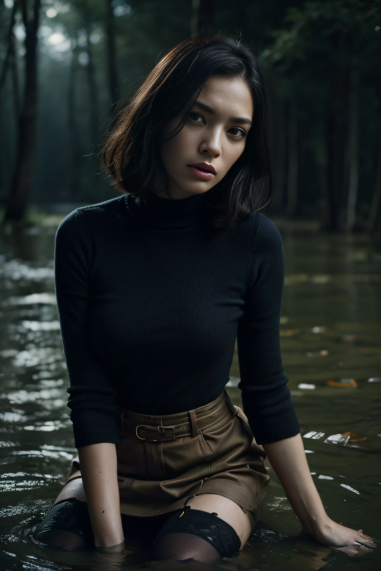 (Best Quality,hight resolution:1.2),The woman,Expressive wrinkles,Bob haircut,jeans skirt,blouse,(dark lace stockings with garters), ( drowning in a swamp:1.2),Detailed eyes and face,expression of despair,Dark and moody lighting,ominous vibe,desperation,(Imminent Doom:1.1), Psychological thriller,