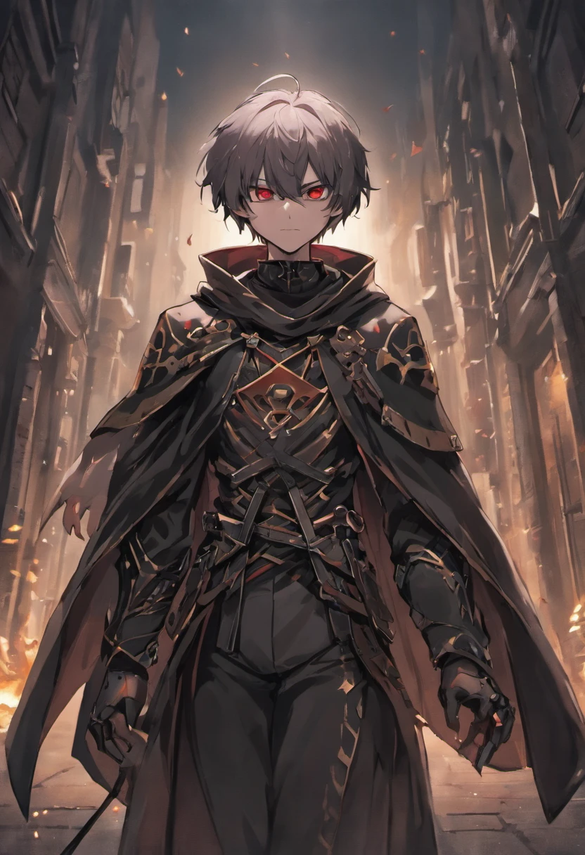 (ultra-detailed CG unit 8k wallpaper, Master parts, Best quality, depth of fields, hdr), 1boy, anime character, short silver hair, long black cape, turtleneck, serious, mask in the eyes, The mask is painted with a scary smile, white mask, The mask fits the face just right, on top of a old town (night) , vigilant, trained physique, assassin style, black clothing all over the body, agile, light armor, anime (Master parts: 1.4) (illustration: 1.4), Red studio lighting, Post-processing, 8K resolution, deep dark background, imponent, Well-composed photos, Impressive, (darken: 1.5)